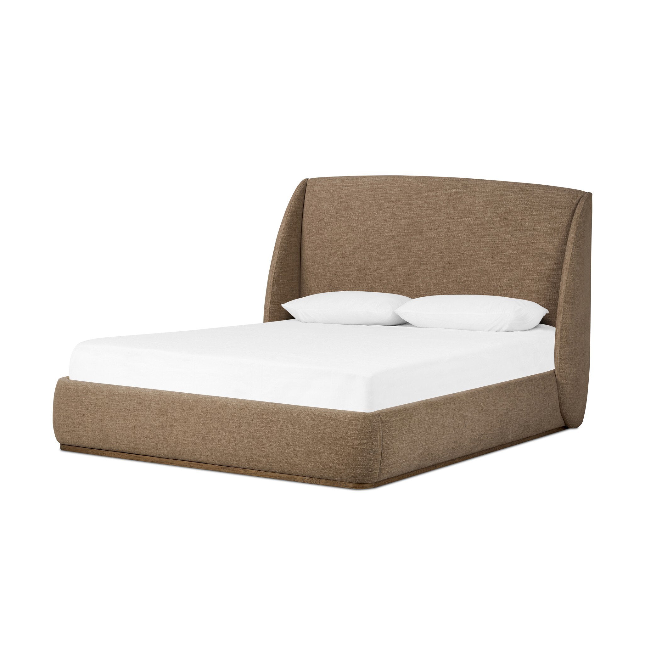 Taupe upholstered bed with white bedding on a white background.