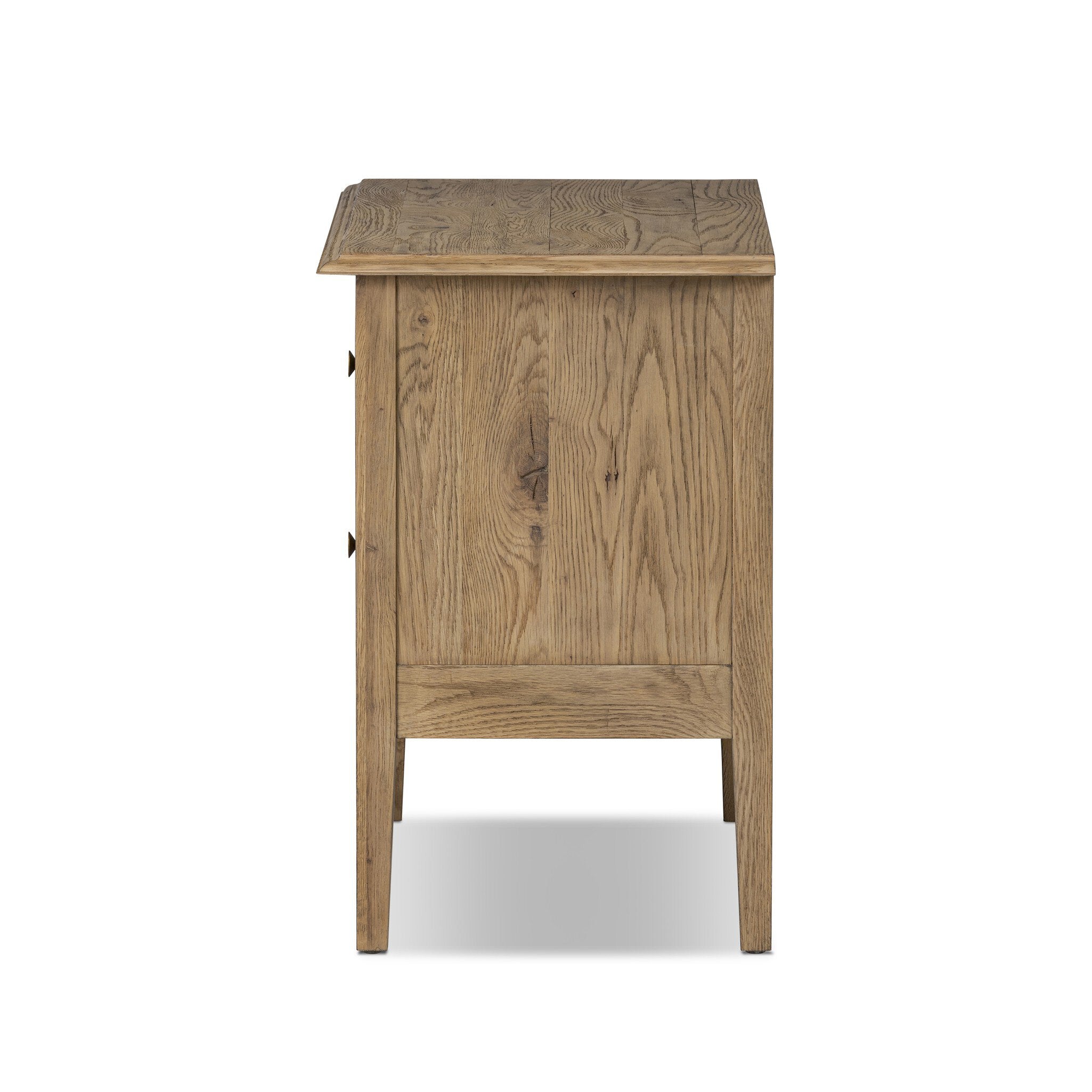 Side profile of a wooden nightstand with two drawers on a white background.