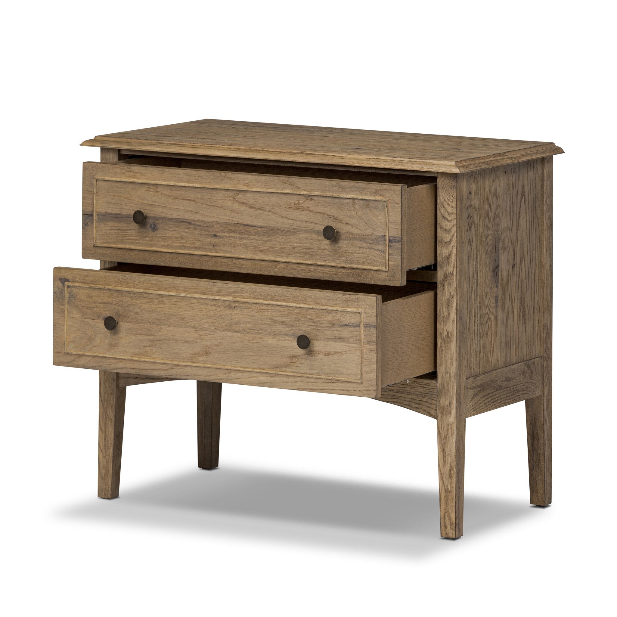 Wooden nightstand with two drawers on a white background.