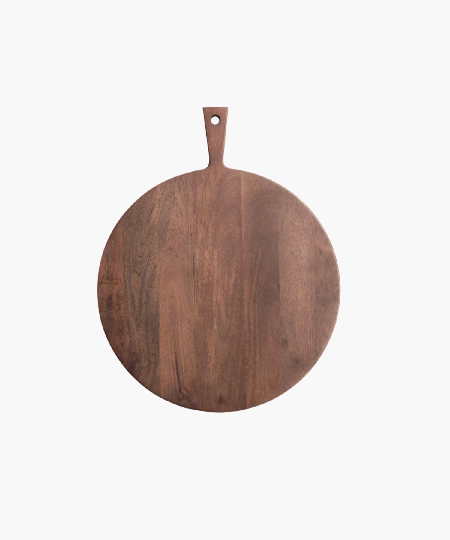 Round wooden cutting board with a rich, dark brown finish. It has a smooth surface and a handle with a hole at the top for hanging.