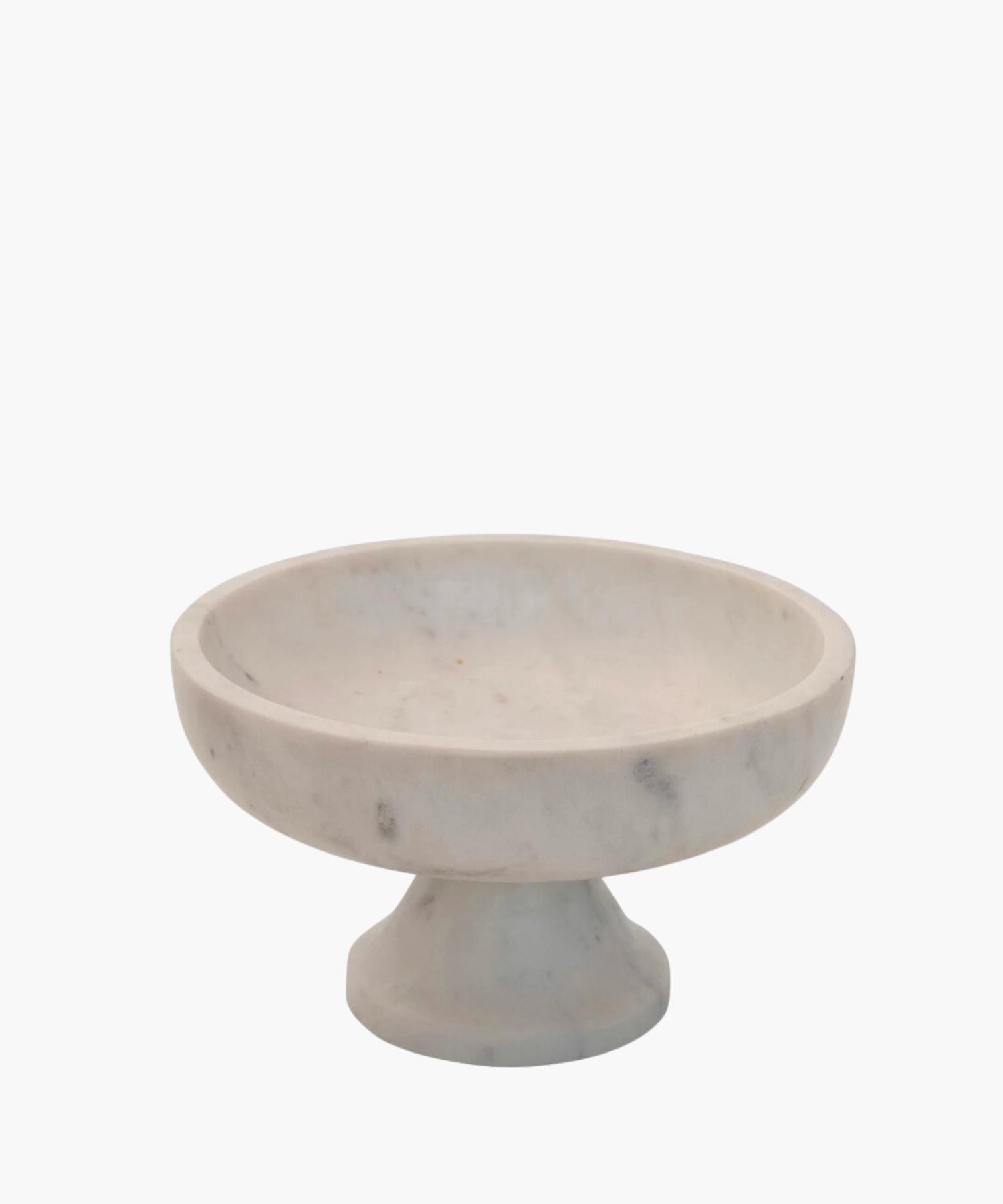 A round, white marble pedestal bowl with a smooth surface and subtle gray veining. The elegant, minimalist design conveys a modern, sophisticated tone.