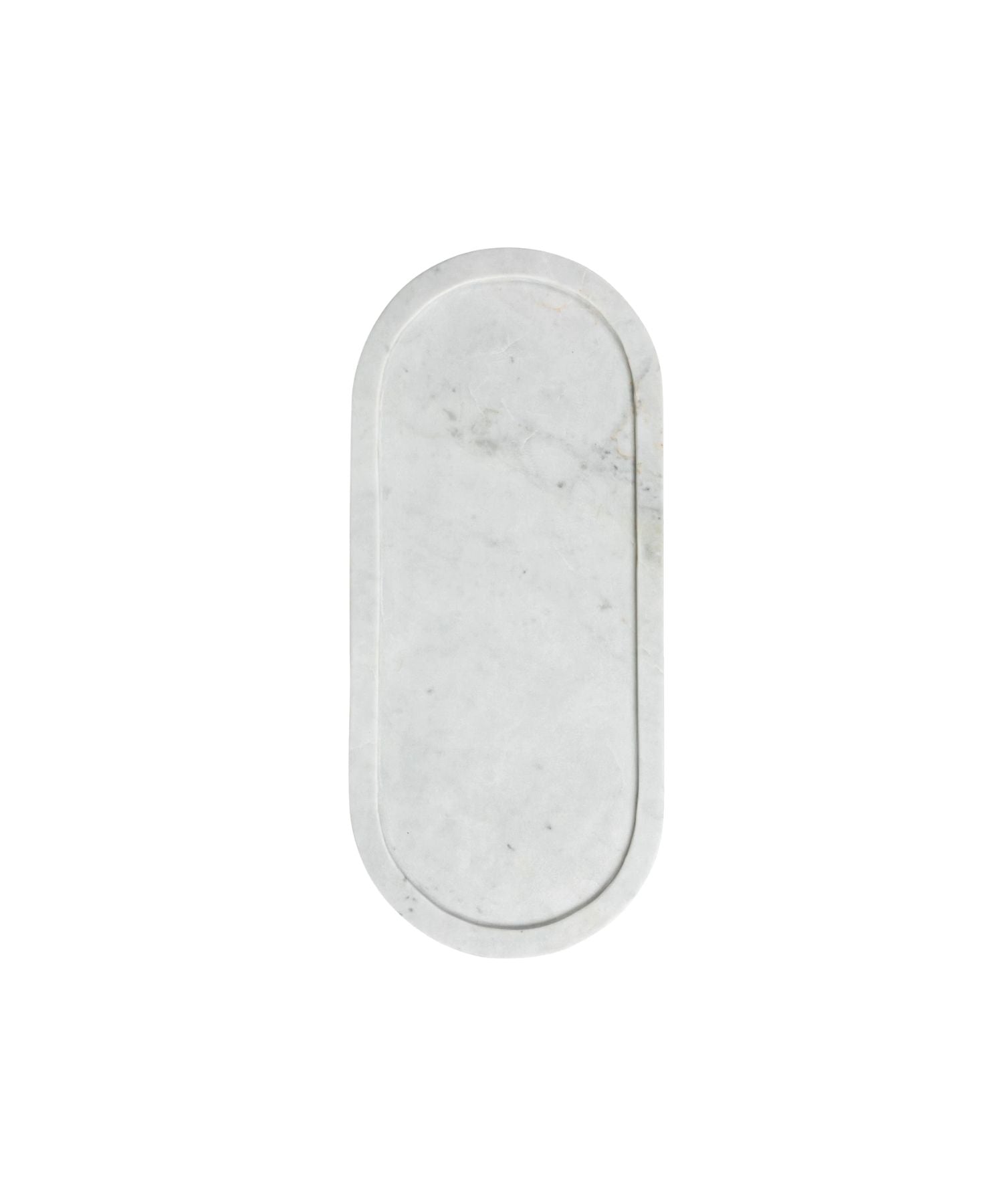 Oval marble tray with a smooth surface and subtle gray veining. The tray's minimalist design conveys elegance and sophistication against a plain background.