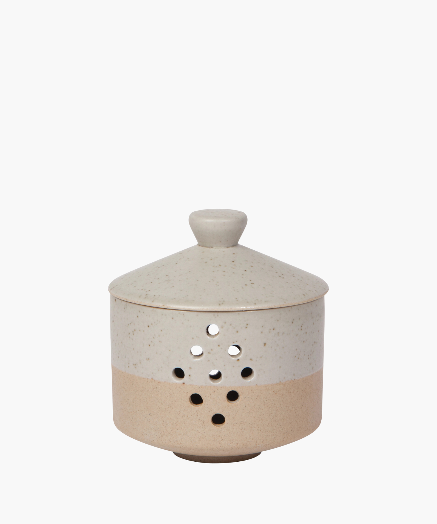 Ceramic garlic keeper with speckled beige finish, featuring a round lid and holes for ventilation. Rustic and functional kitchen storage.