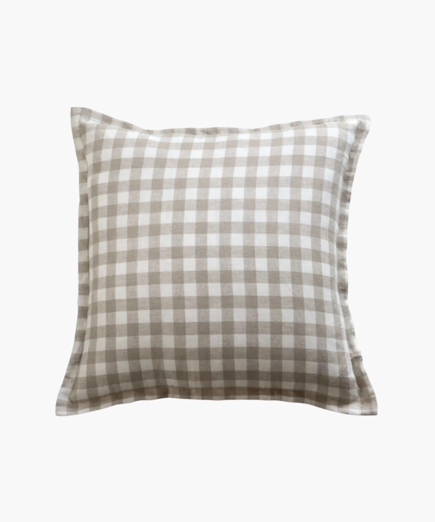 A square pillow with a beige and white gingham check pattern on fabric. It appears soft, inviting, and adds a cozy, classic touch to home decor.