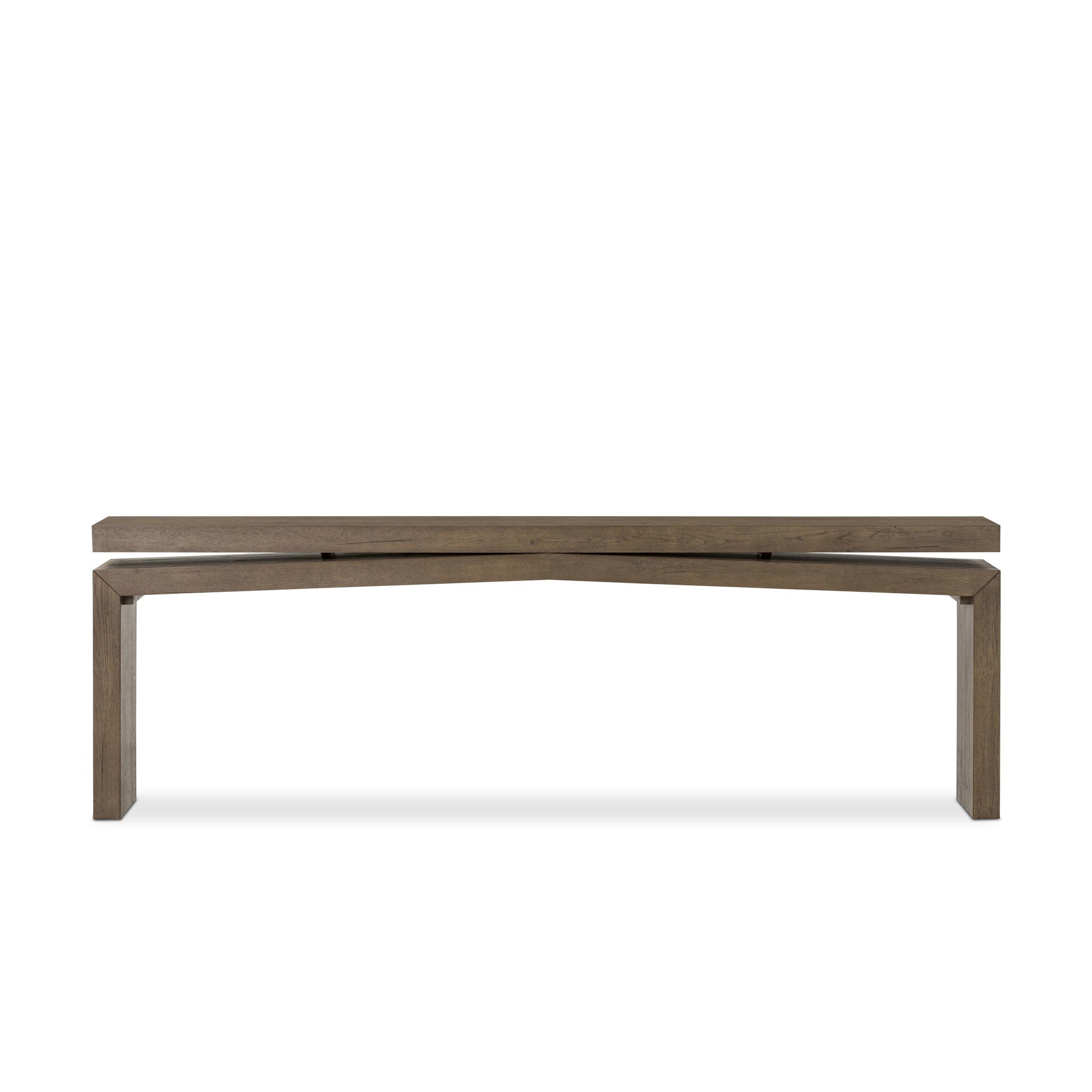 Wooden console table with a curved design on a white background.