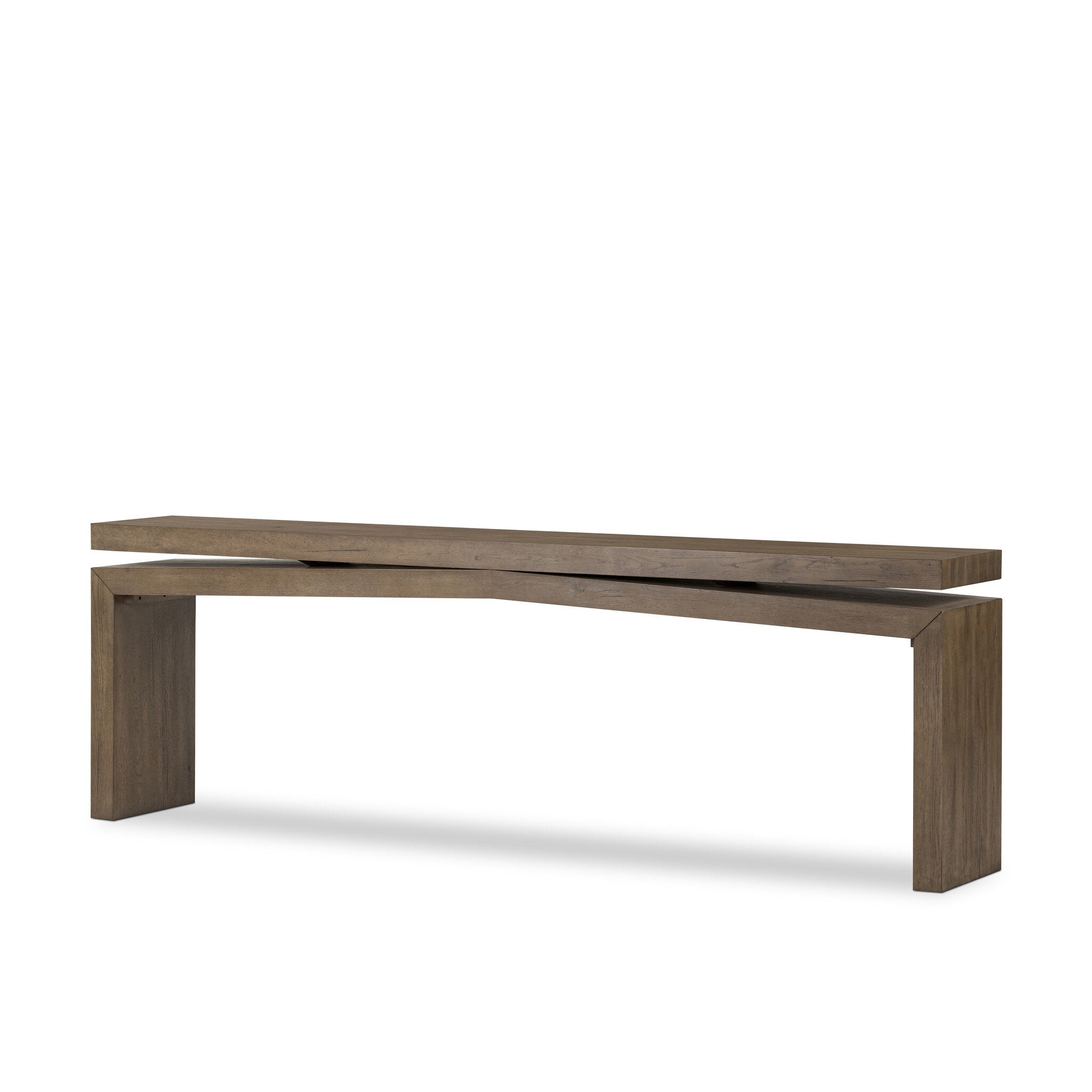 Wooden console table with a curved design on a white background.