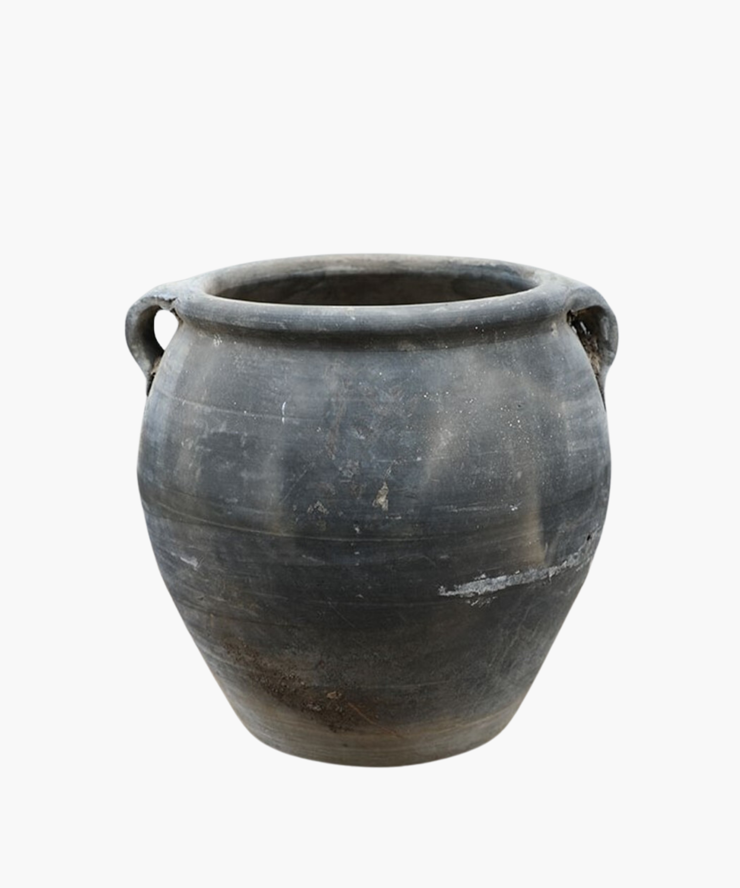 A rustic, vintage inspired round ceramic pot with a dark finish pot and small handles on each side. It conveys a sense of antiquity and simplicity.