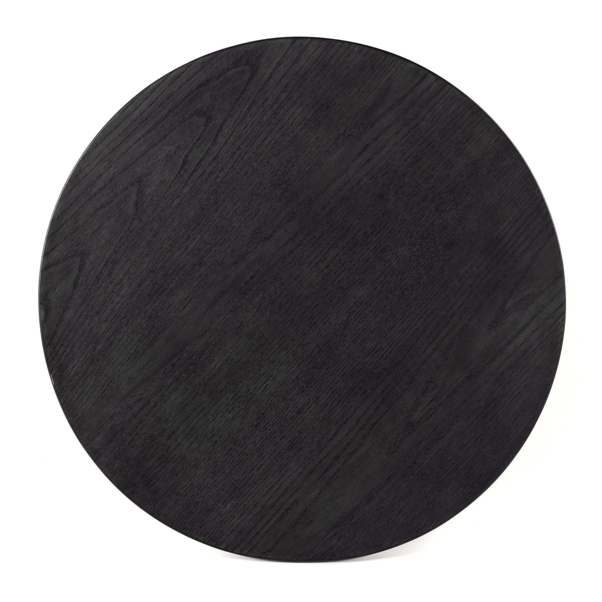 Overhead view of a Black-washed solid ash round end table on a white background.