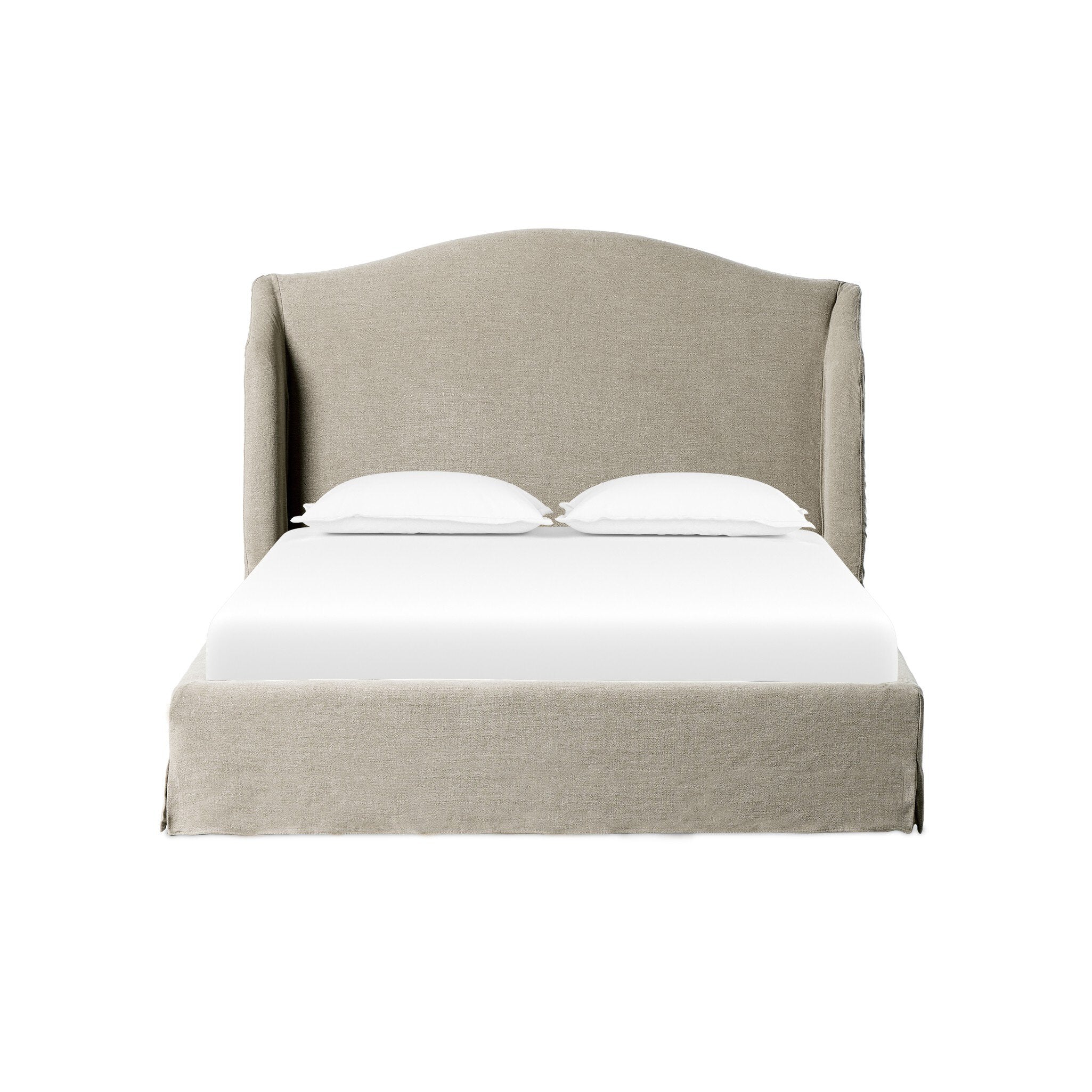Beige upholstered bed with white bedding on a white background.