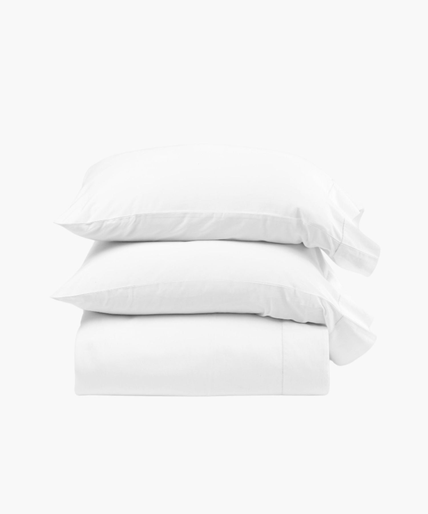 Stacked display of the Murano white sheet set including pillowcases, a fitted sheet, and flat sheet, showcasing the clean lines and smooth cotton sateen finish.