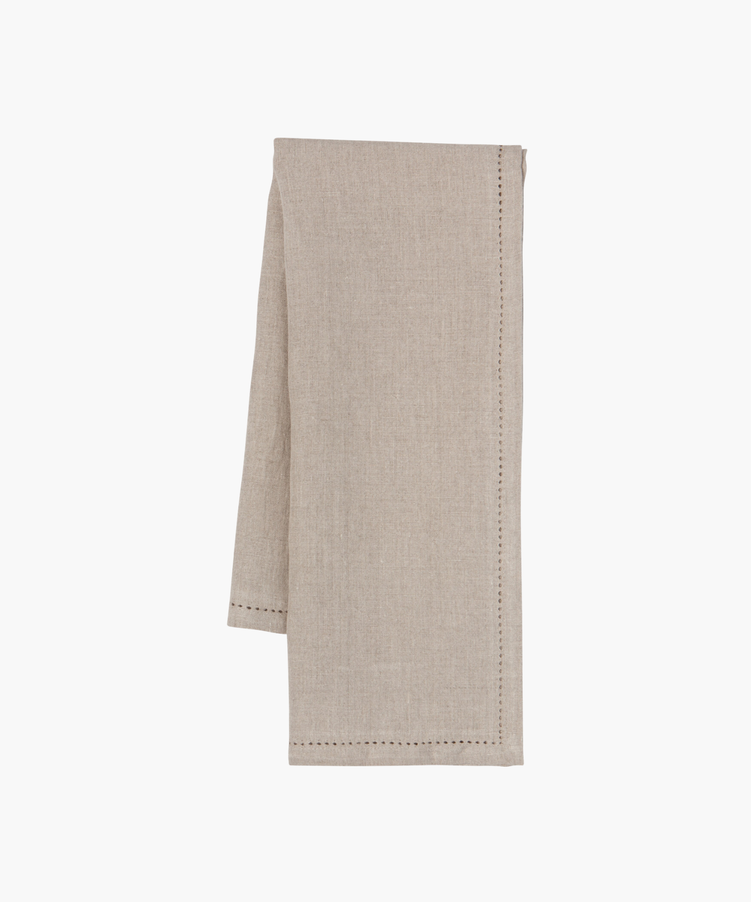 A beige cloth napkin with subtle hemstitch detailing along the edges. It is neatly folded, conveying a sense of elegance and simplicity.