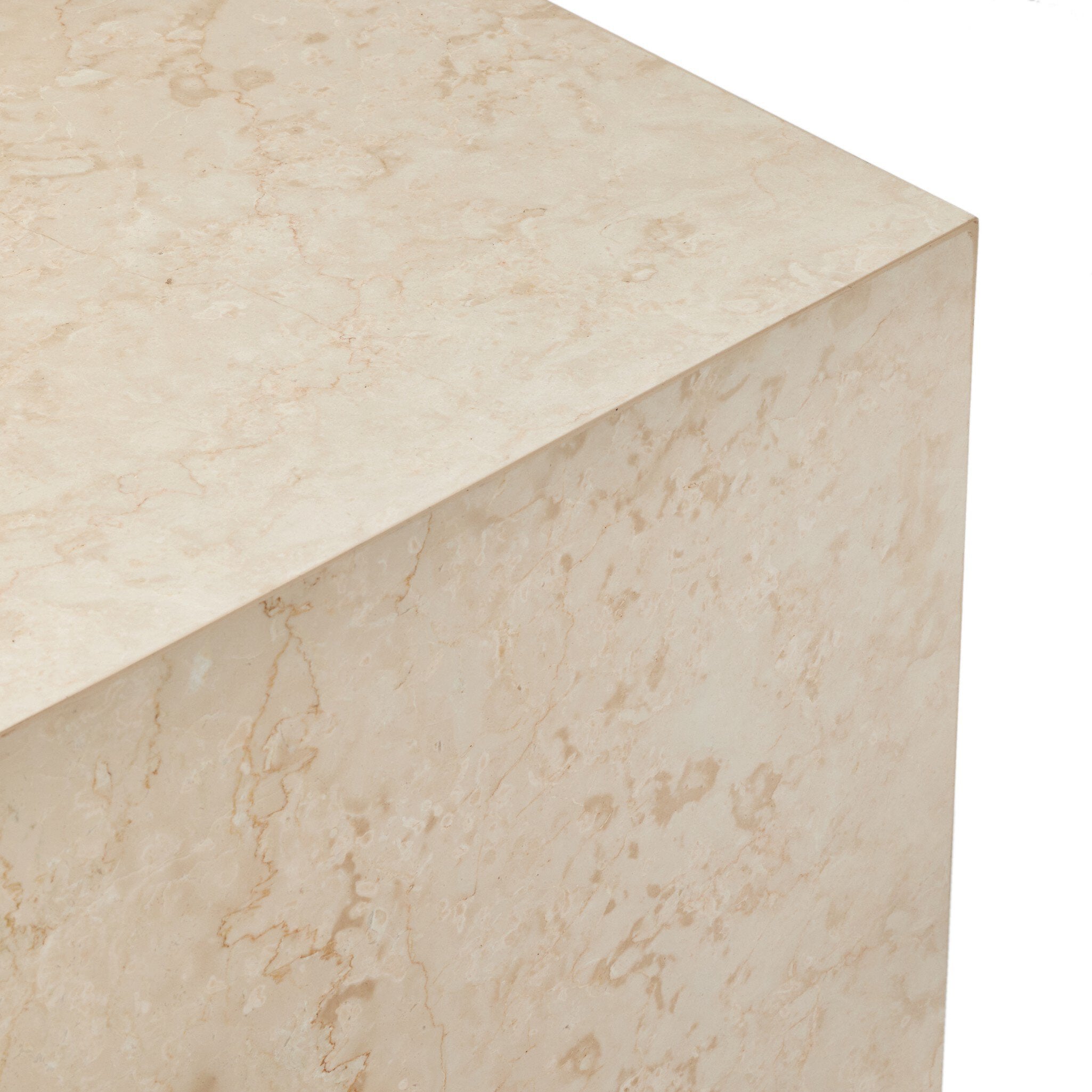 Square beige marble end table with a plinth base on a white background.