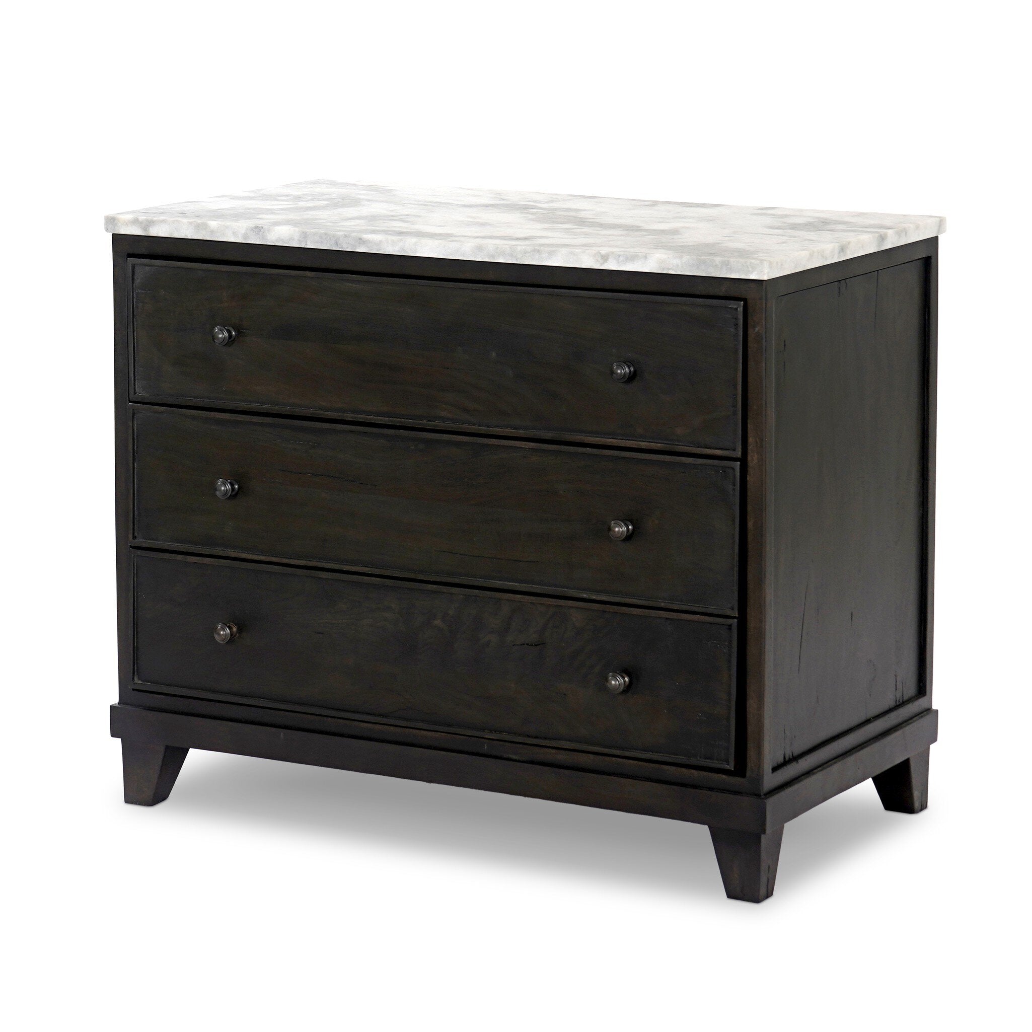 Dark wood stained nightstand with three drawers and a marble top.