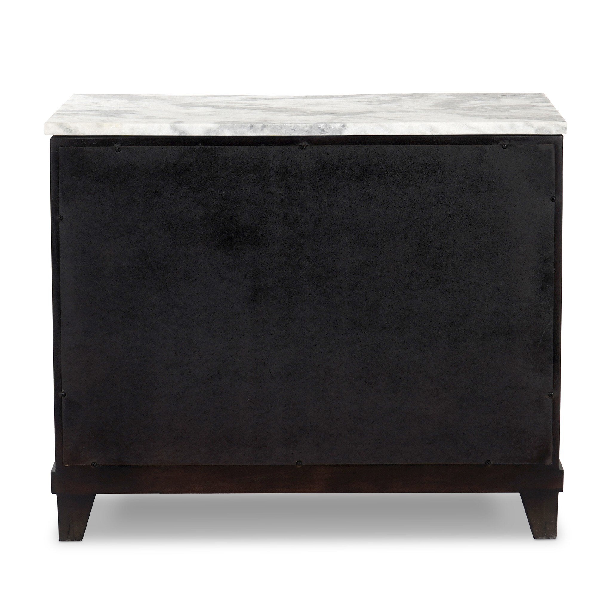 The back of a dark wood stained nightstand with three drawers and a marble top.