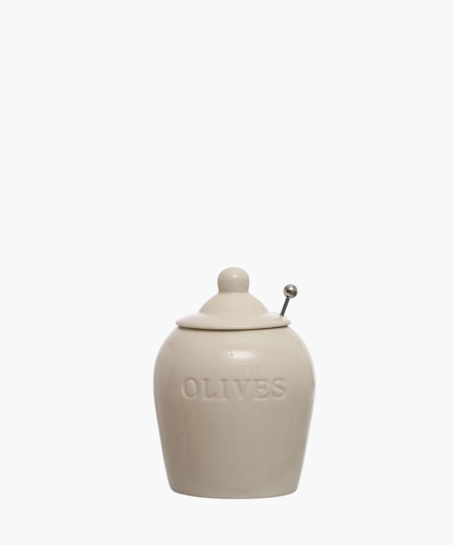 Cream-colored ceramic jar labeled "OLIVES" with a rounded lid and a small spoon. Simple, rustic design conveys a traditional kitchen feel.