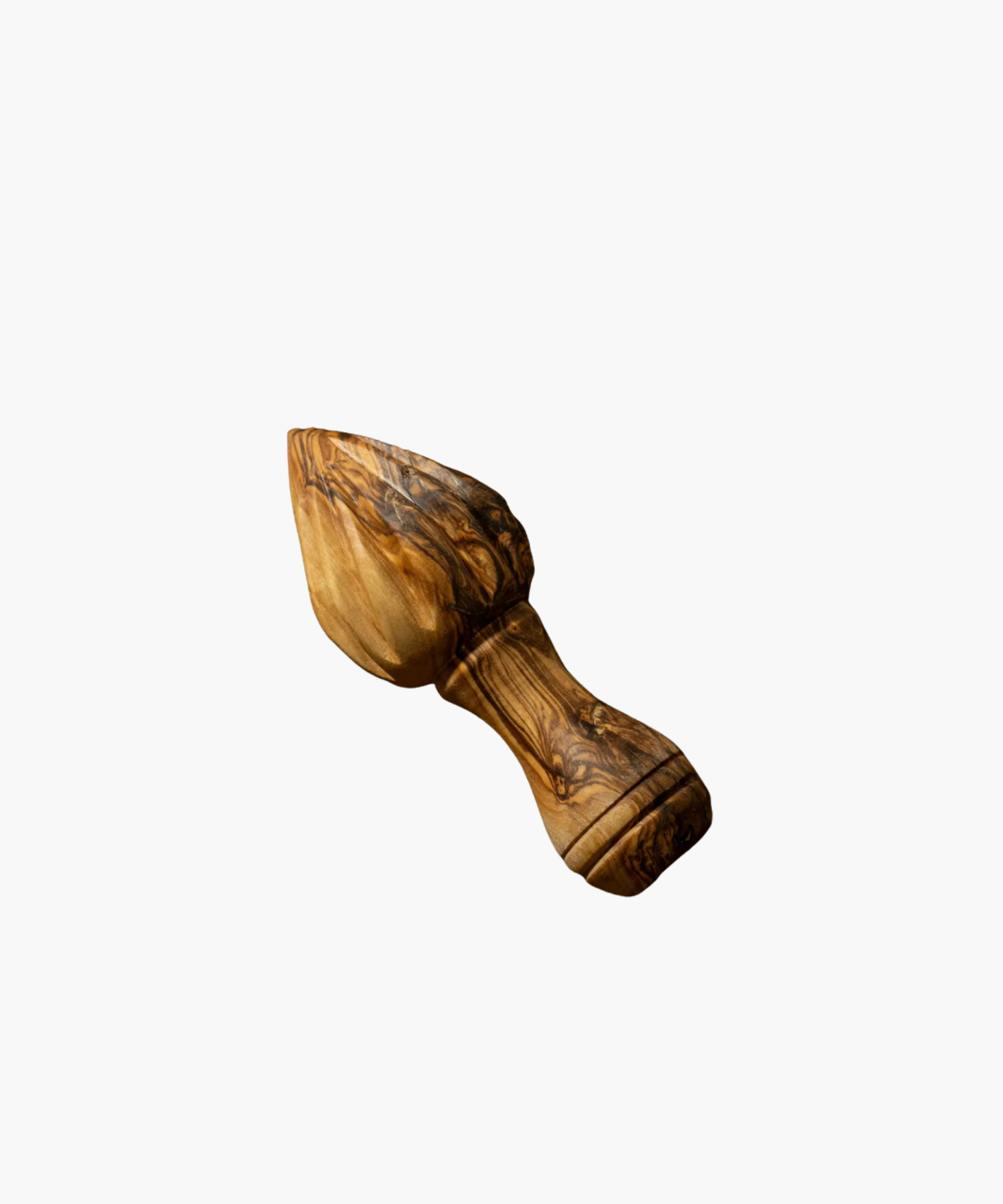 An olive wood lemon press with a textured, dark and light brown marbled pattern, featuring a smooth handle.