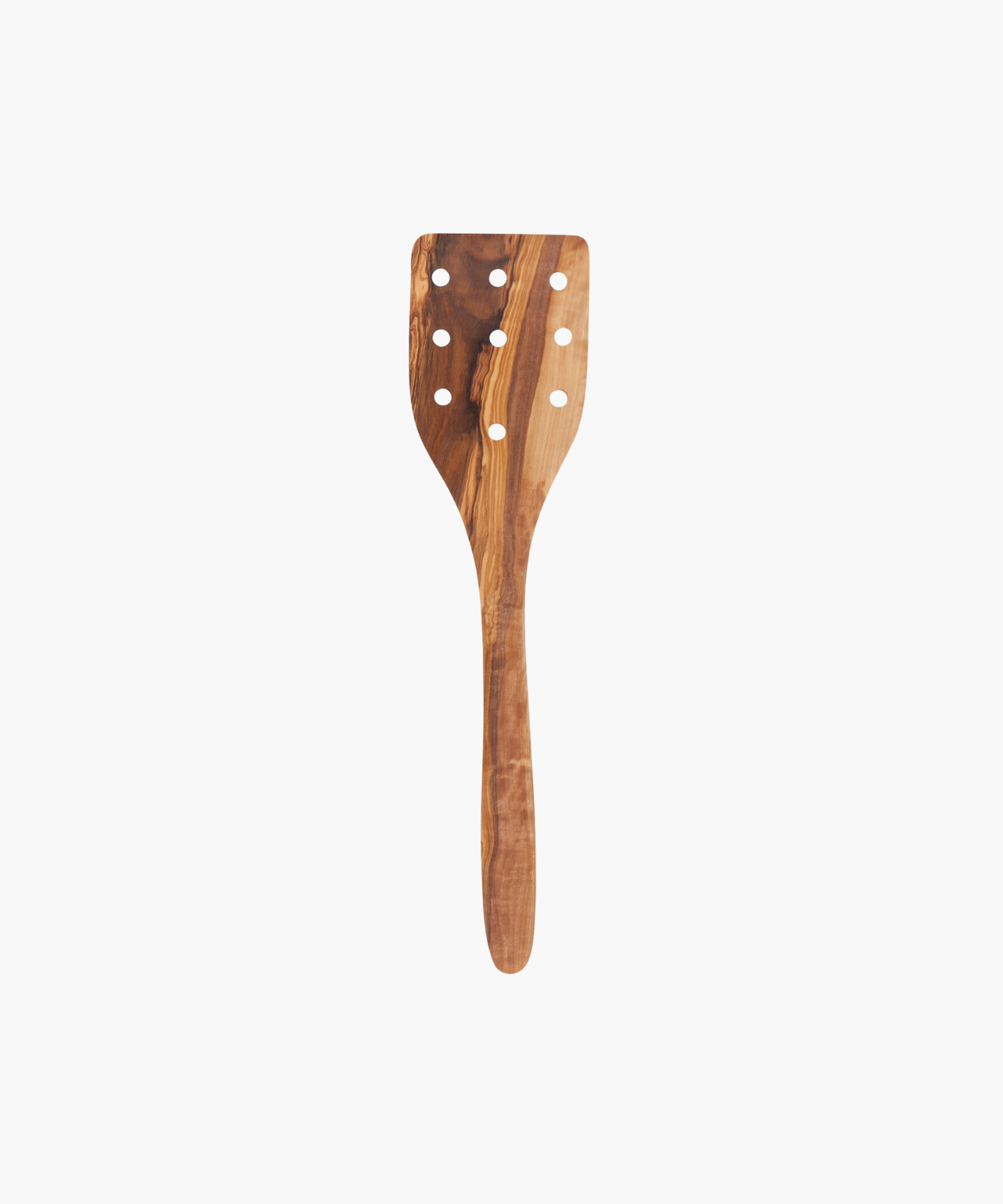 Wooden spatula with a smooth finish and eight round holes in the head, featuring an elegant, swirling grain pattern. Simple and functional design.