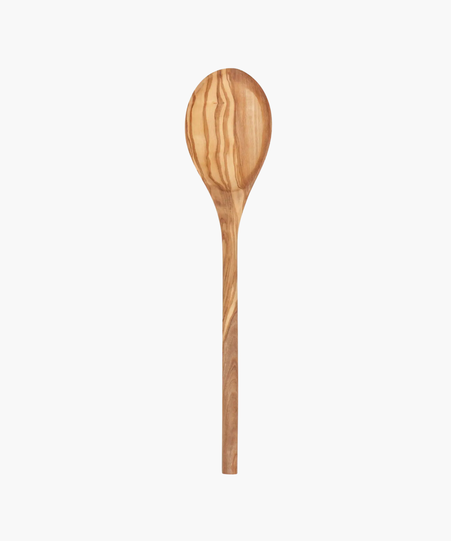 A wooden spoon with a smooth, elongated handle and a round head, featuring natural light and dark brown grain patterns, set against a white background.