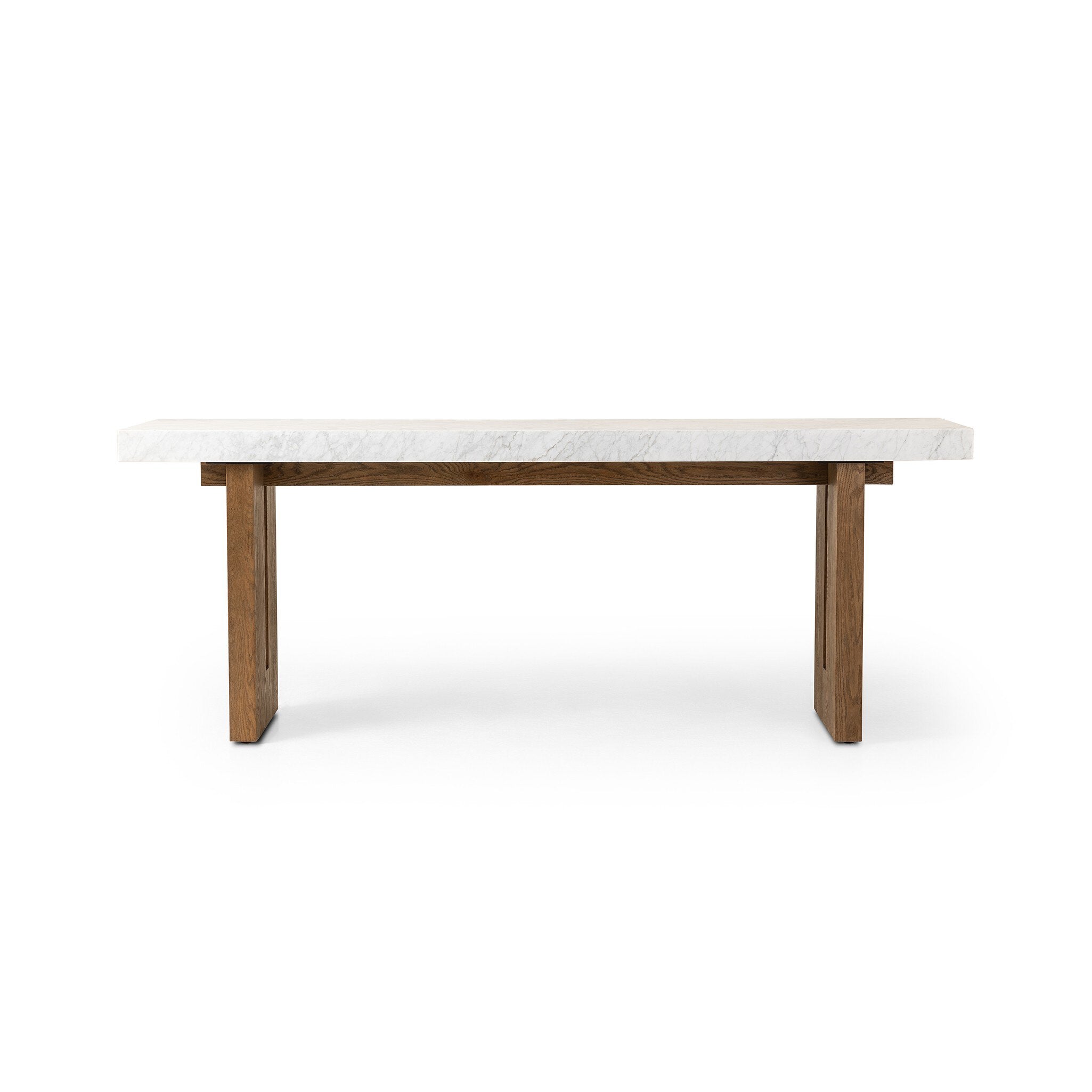 Console table with marble top and wooden legs on a white background.