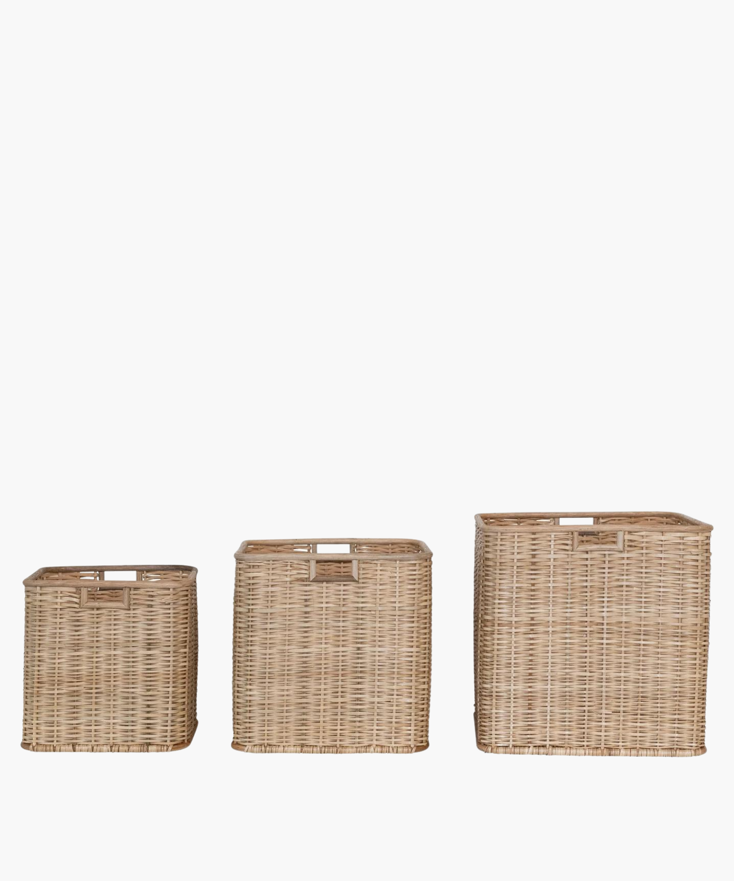Square rattan and palm baskets with a natural finish in three sizes. Baskets feature a tight weave and sturdy rectangular shape. Simple and functional, evokes a rustic charm.