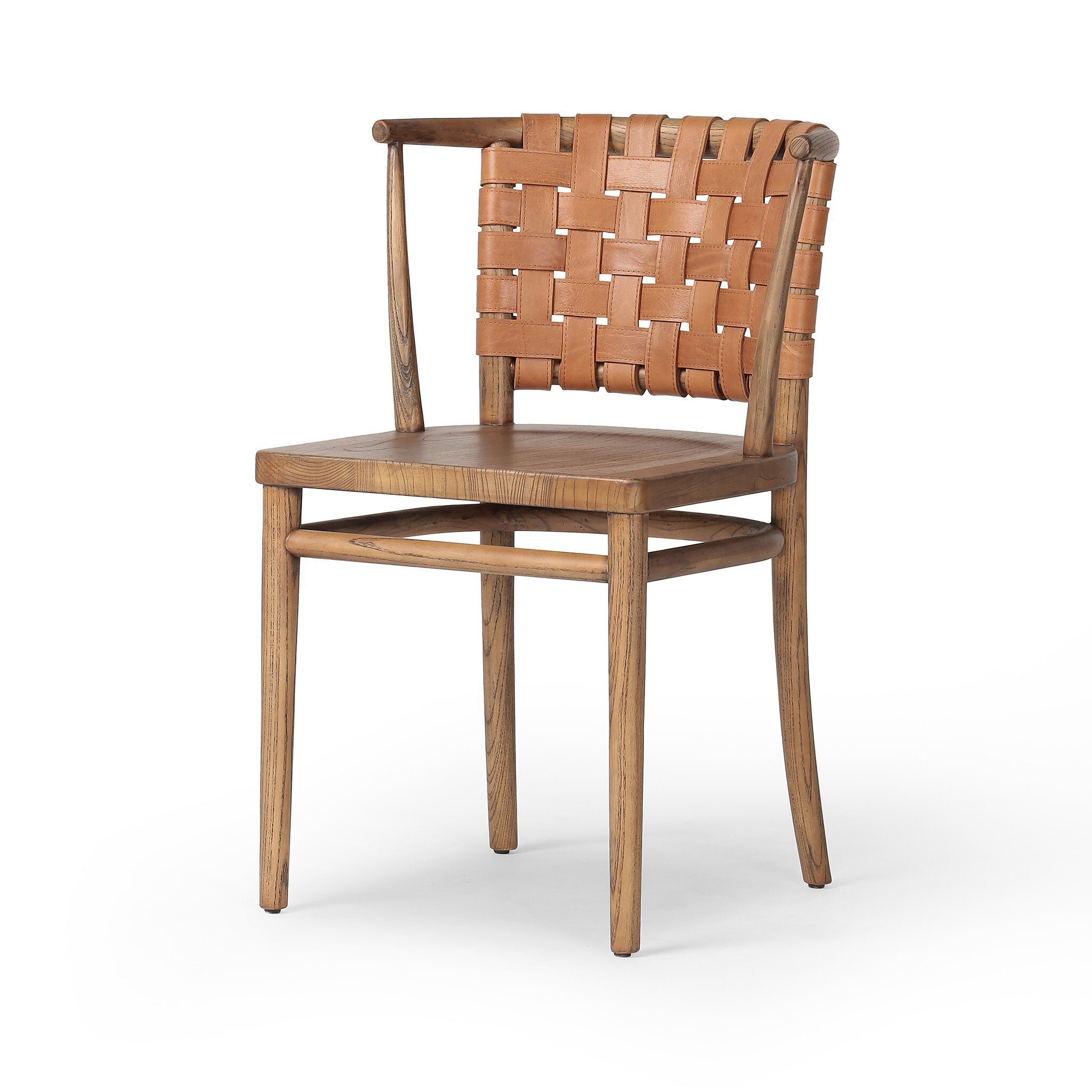 Wooden dining chair with barrel seatback of woven leather on a white background.