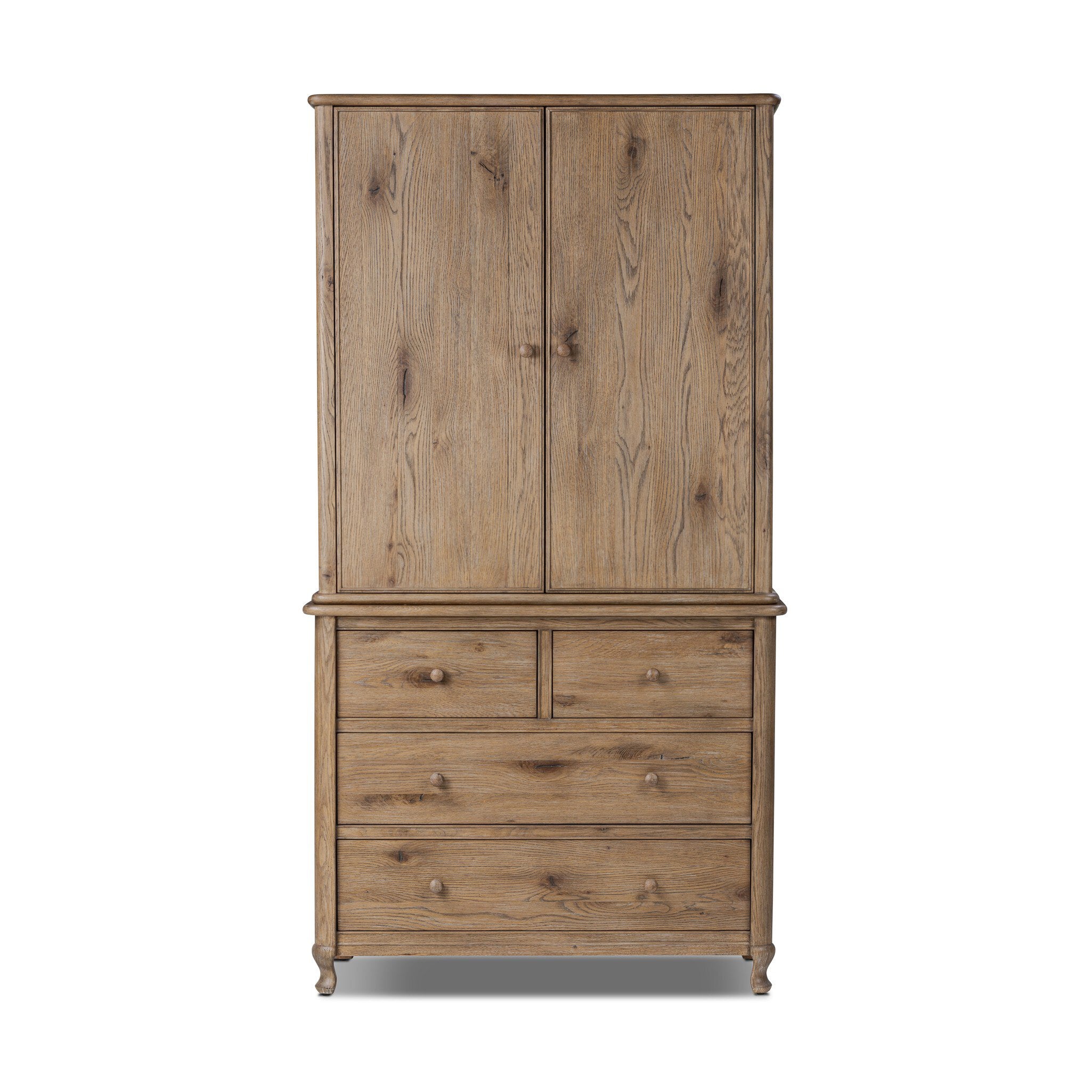 Wooden armoire with two doors and four drawers on a white background.