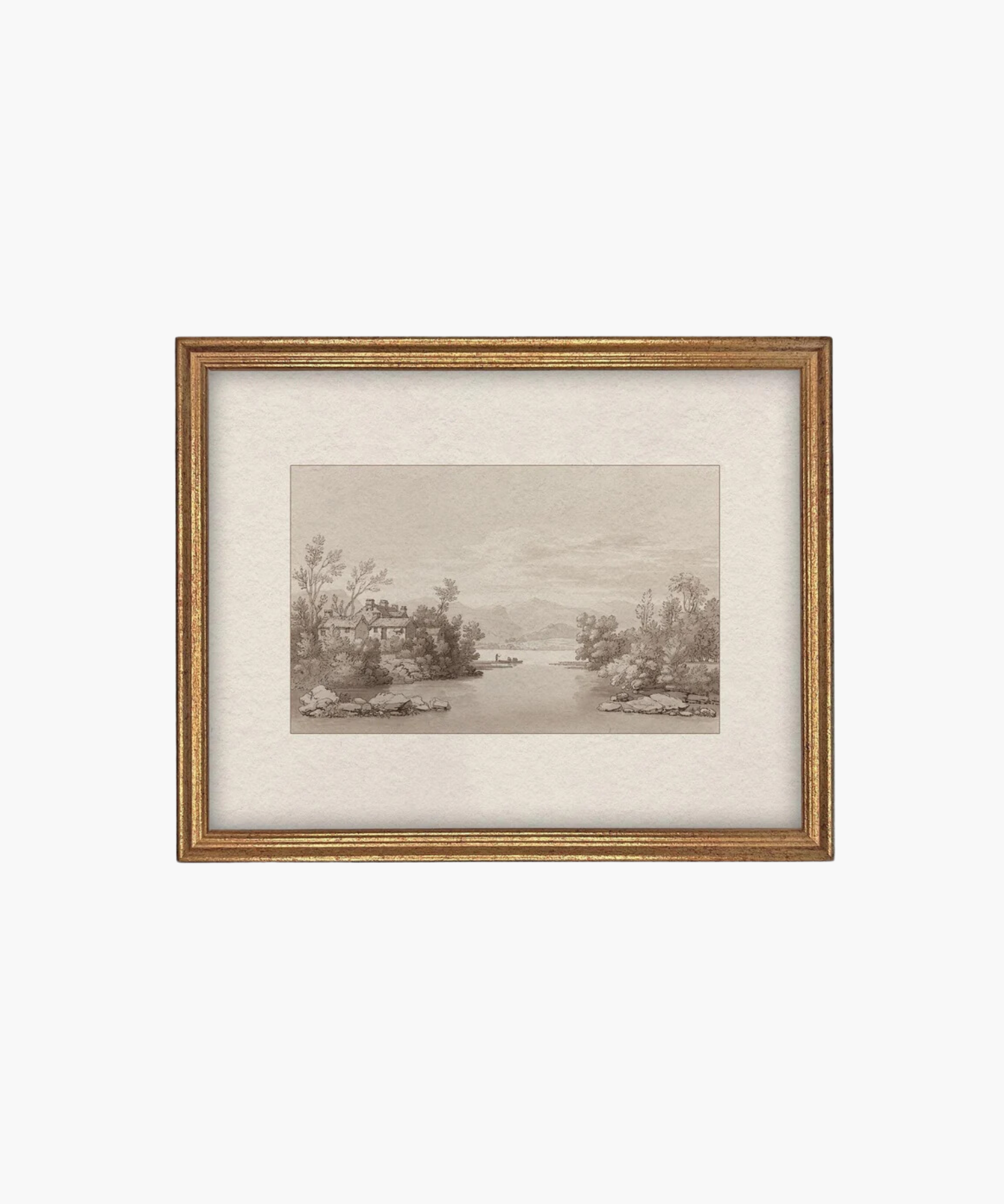 Sepia-toned landscape painting in a gold frame depicting a serene river, lush trees, distant hills, and a small cottage, conveying tranquility.