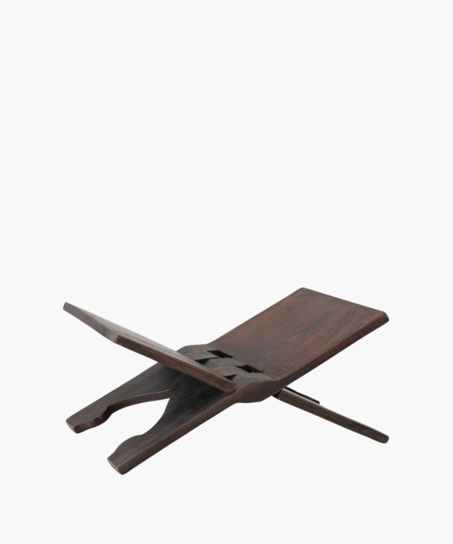 Wooden book stand with an X-shaped base and two flat panels open at an angle. The dark wood has a smooth texture and rustic appearance.