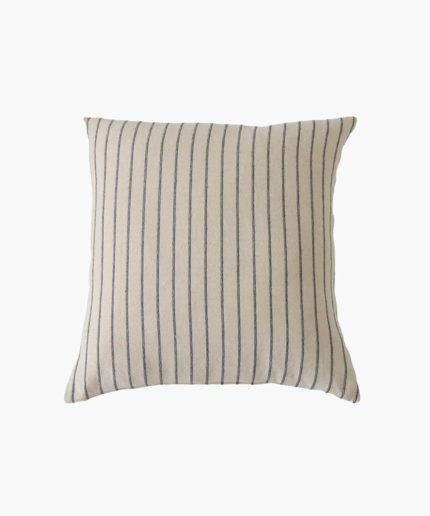 A square pillow cover with vertical black woven stripes on a cream background. The pattern is simple and elegant, conveying a calm and cozy atmosphere.