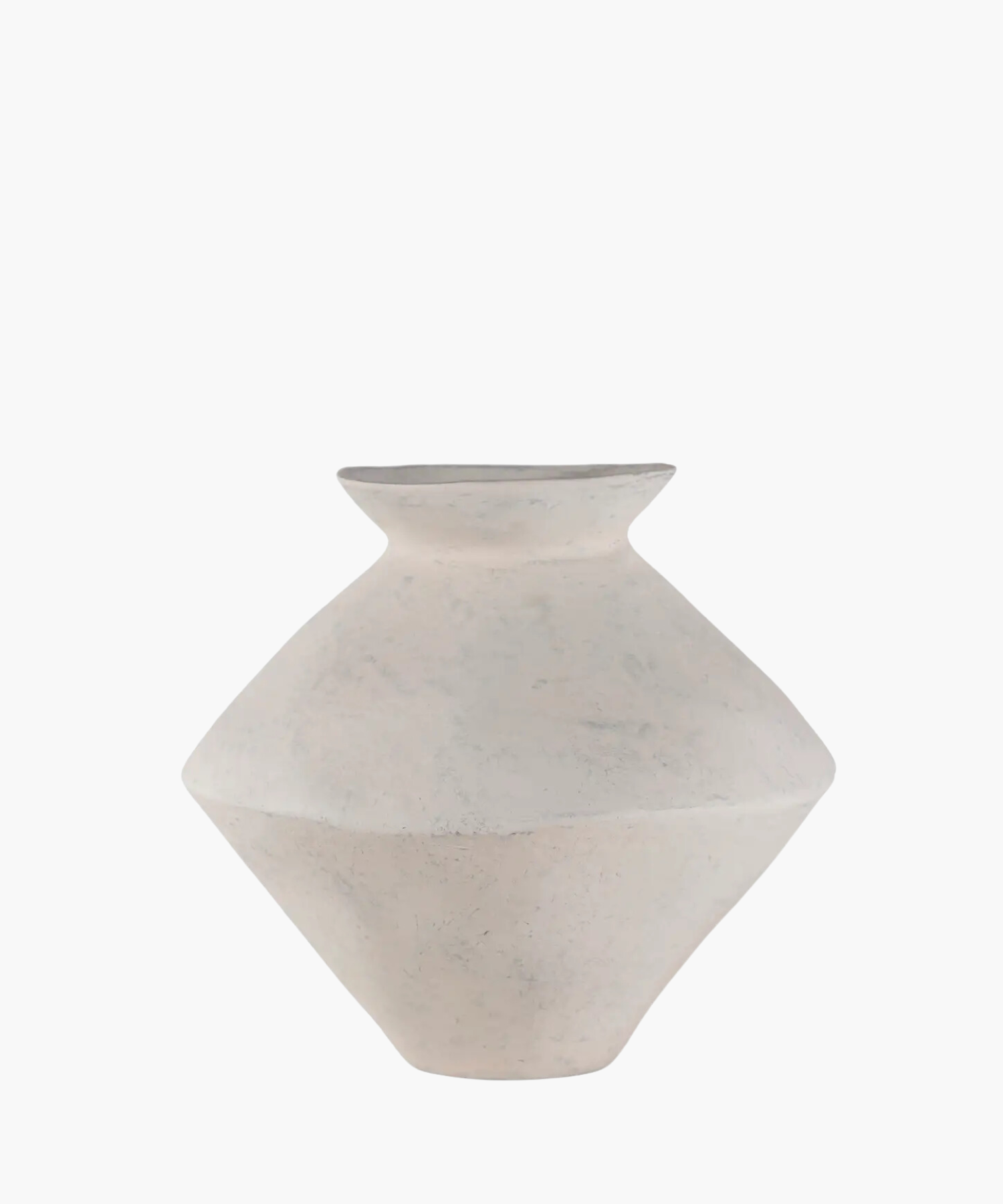 A minimalist, matte white ceramic vase with a wide, flat body and small opening, set against a plain background, conveying simplicity and elegance.