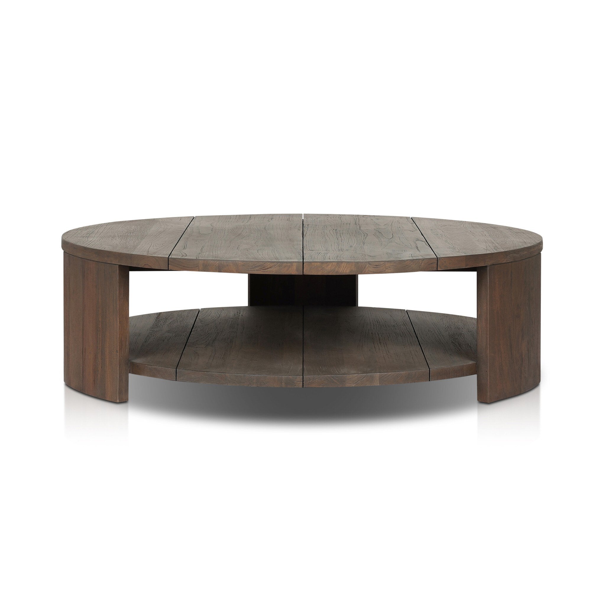 A two tiered round coffee table made from reclaimed wood with chunky legs and a brown finish.
