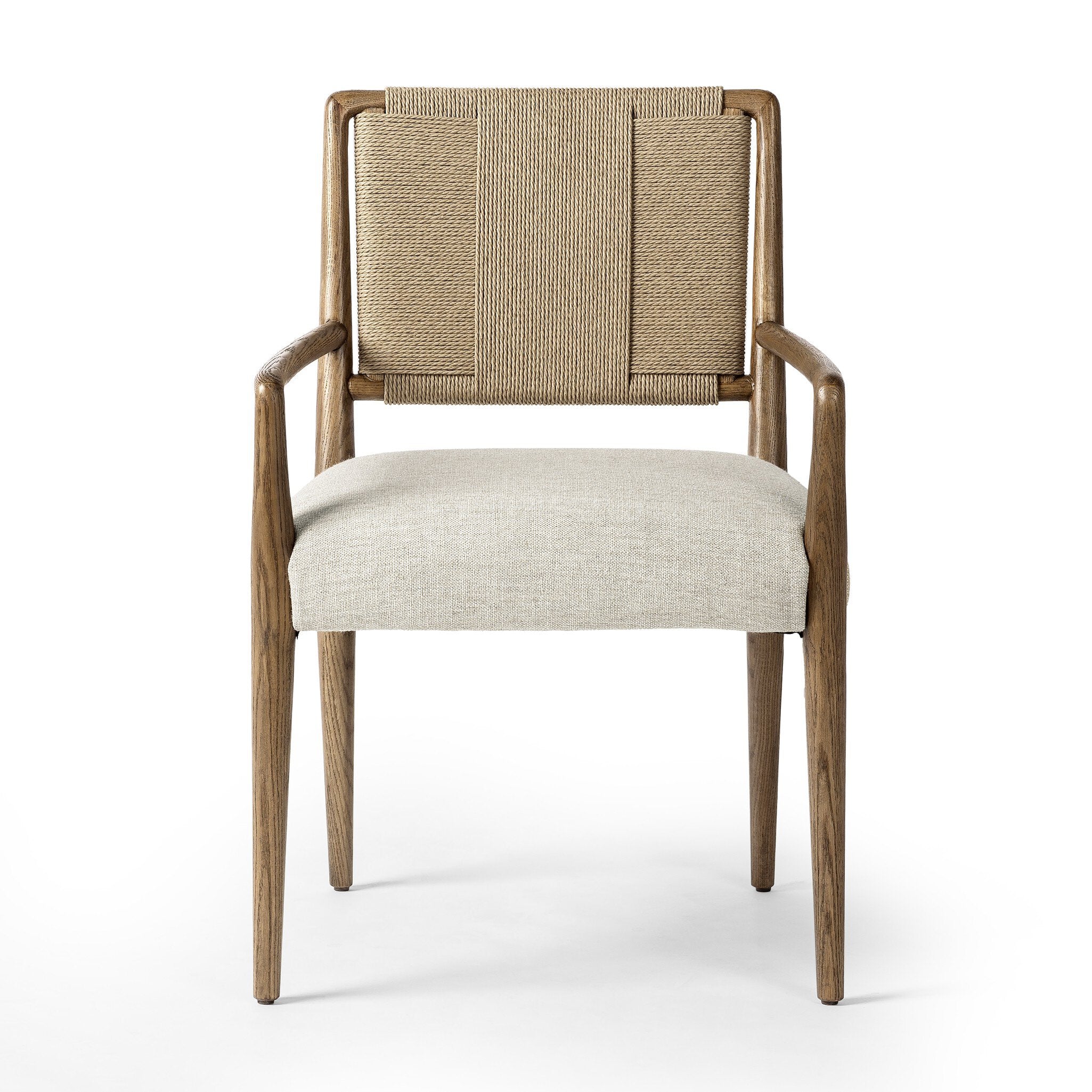 Dining chair with woven backrest and upholstered seat on a white background.