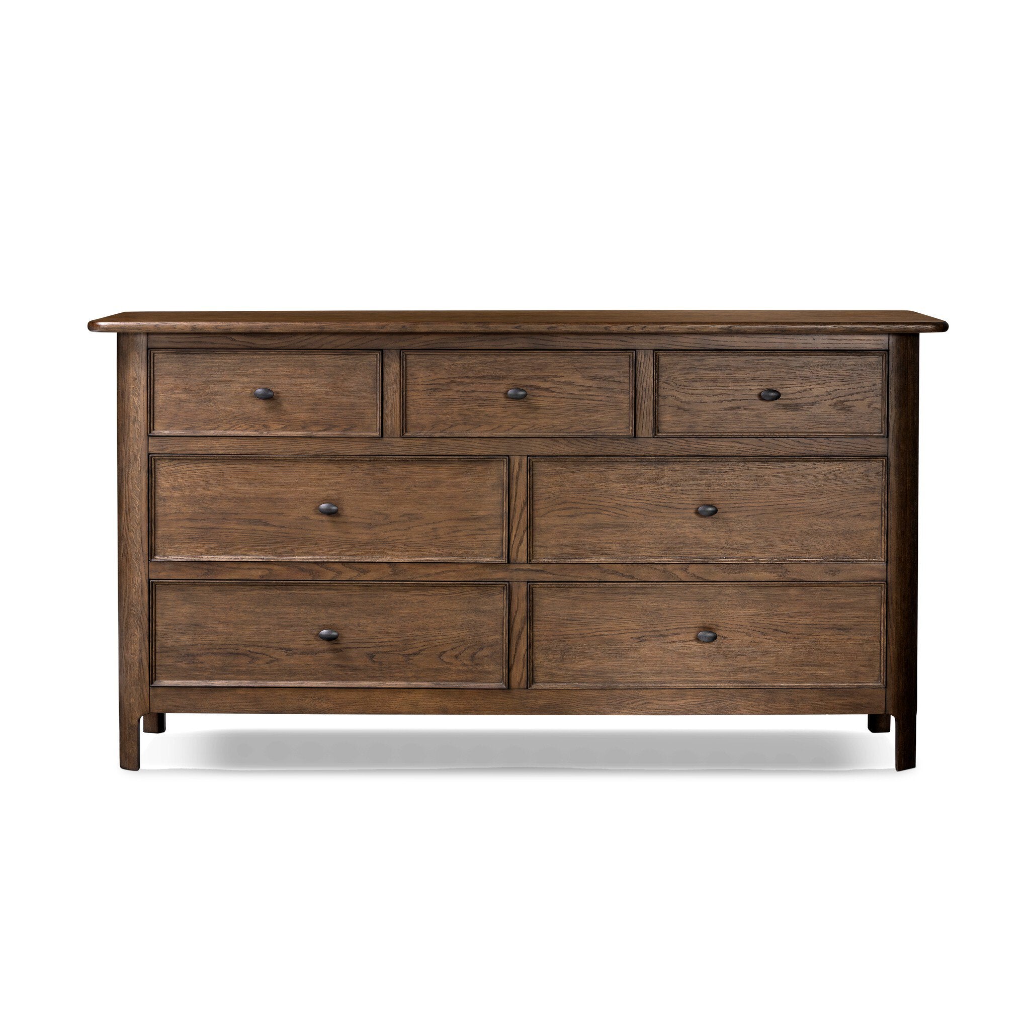 Wooden dresser with multiple drawers on a white background.