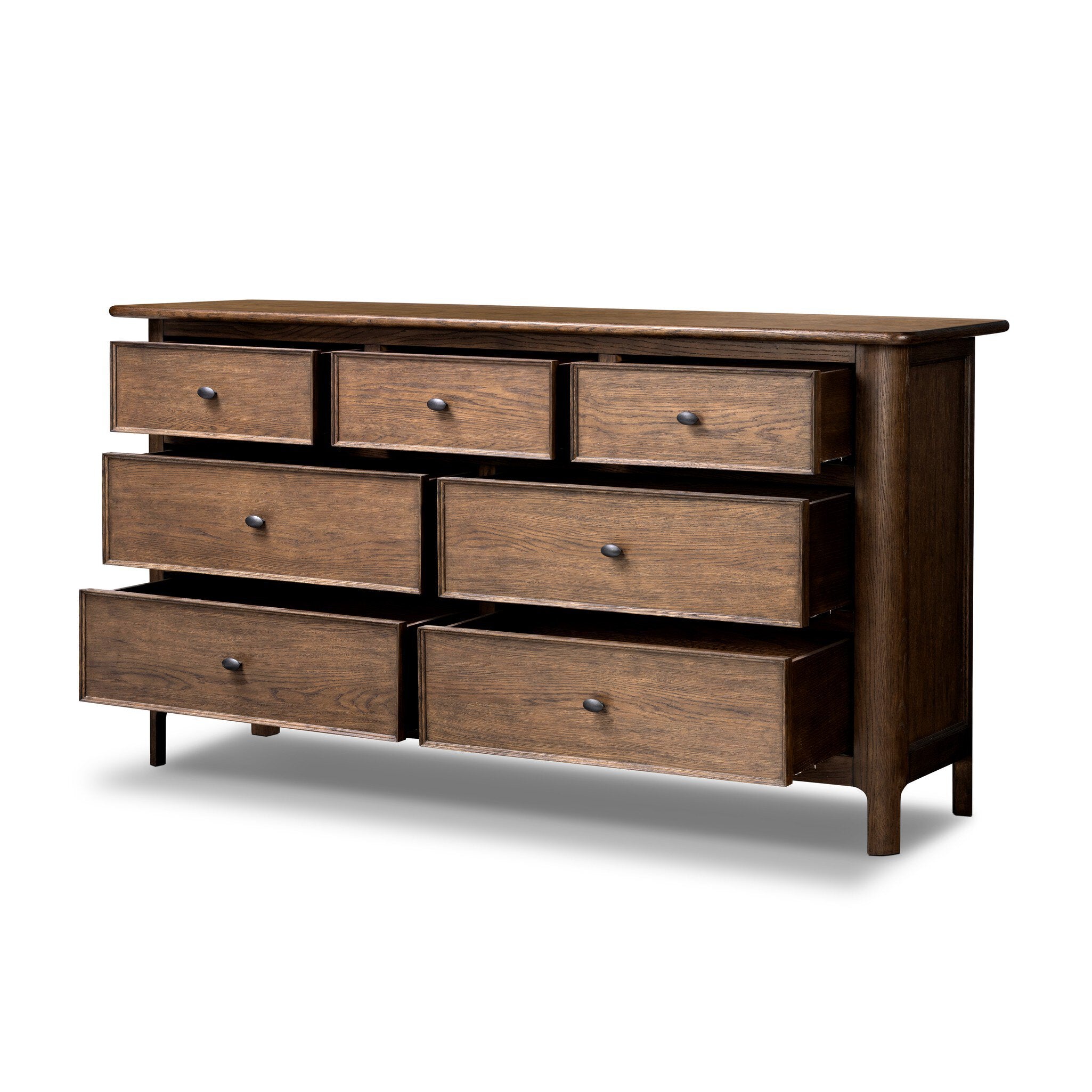 Wooden dresser with multiple drawers on a white background