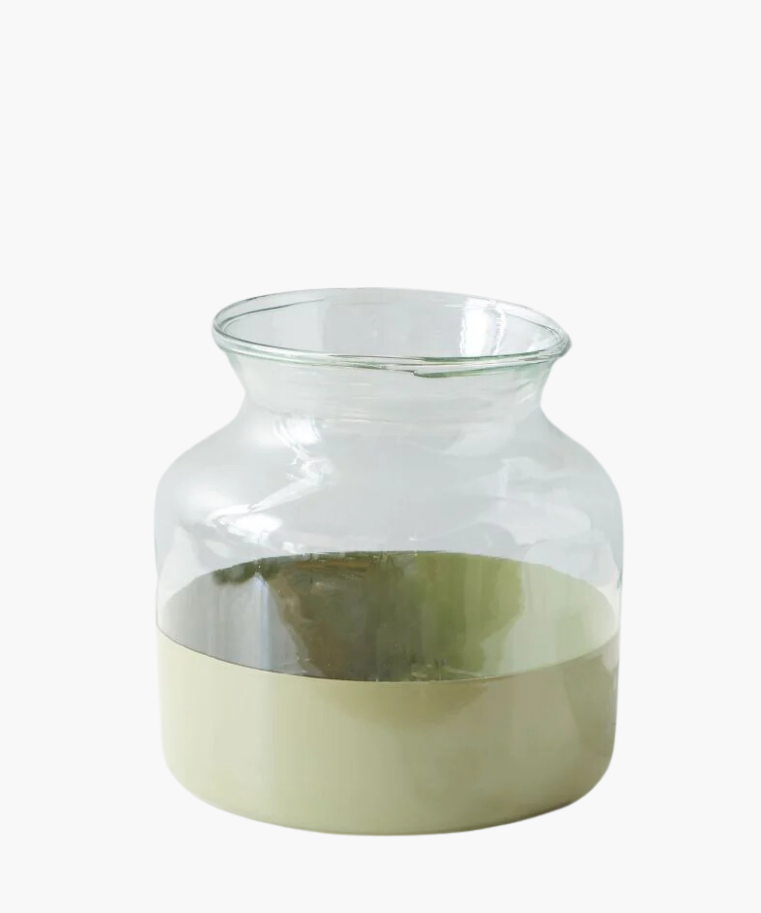 Clear glass vase with a wide mouth and rounded body. The upper part is transparent, while the lower half is painted in a glossy sage. Minimalist and modern.