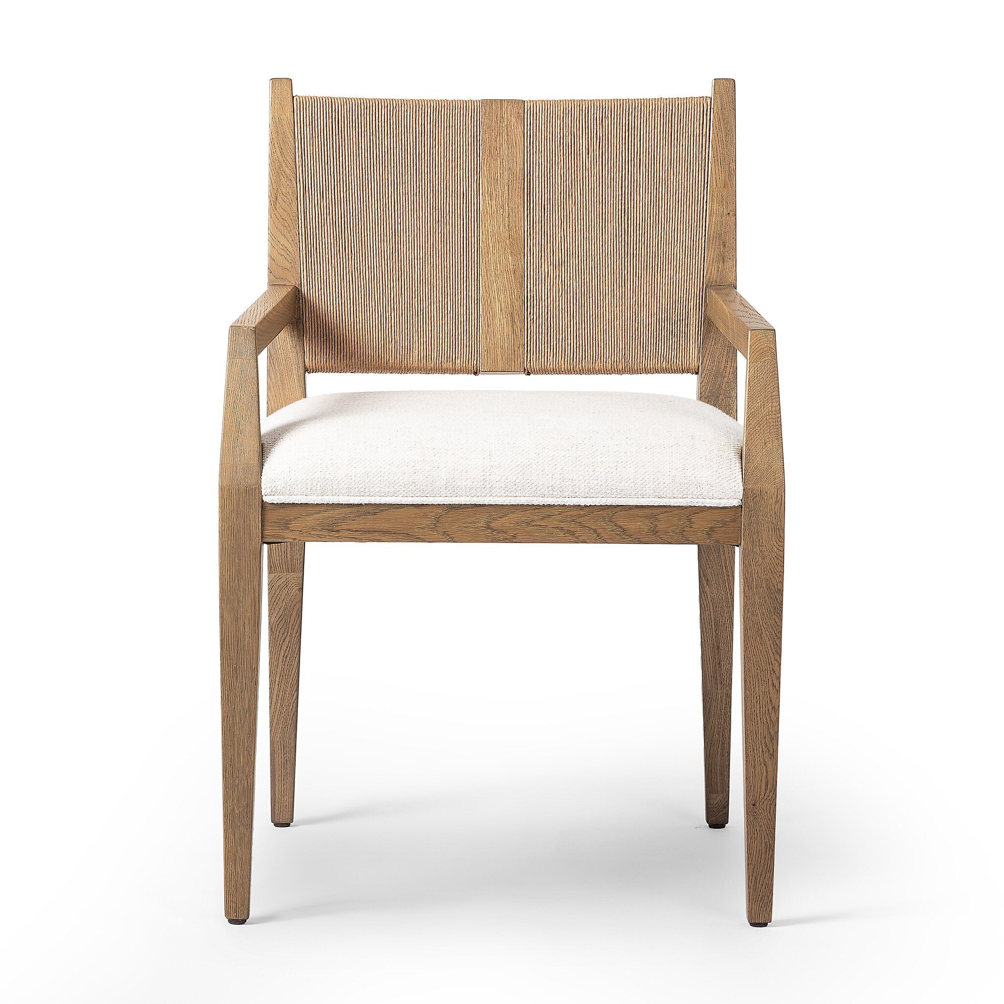 Wooden dining arm chair with woven backrest and white cushion on a white background.