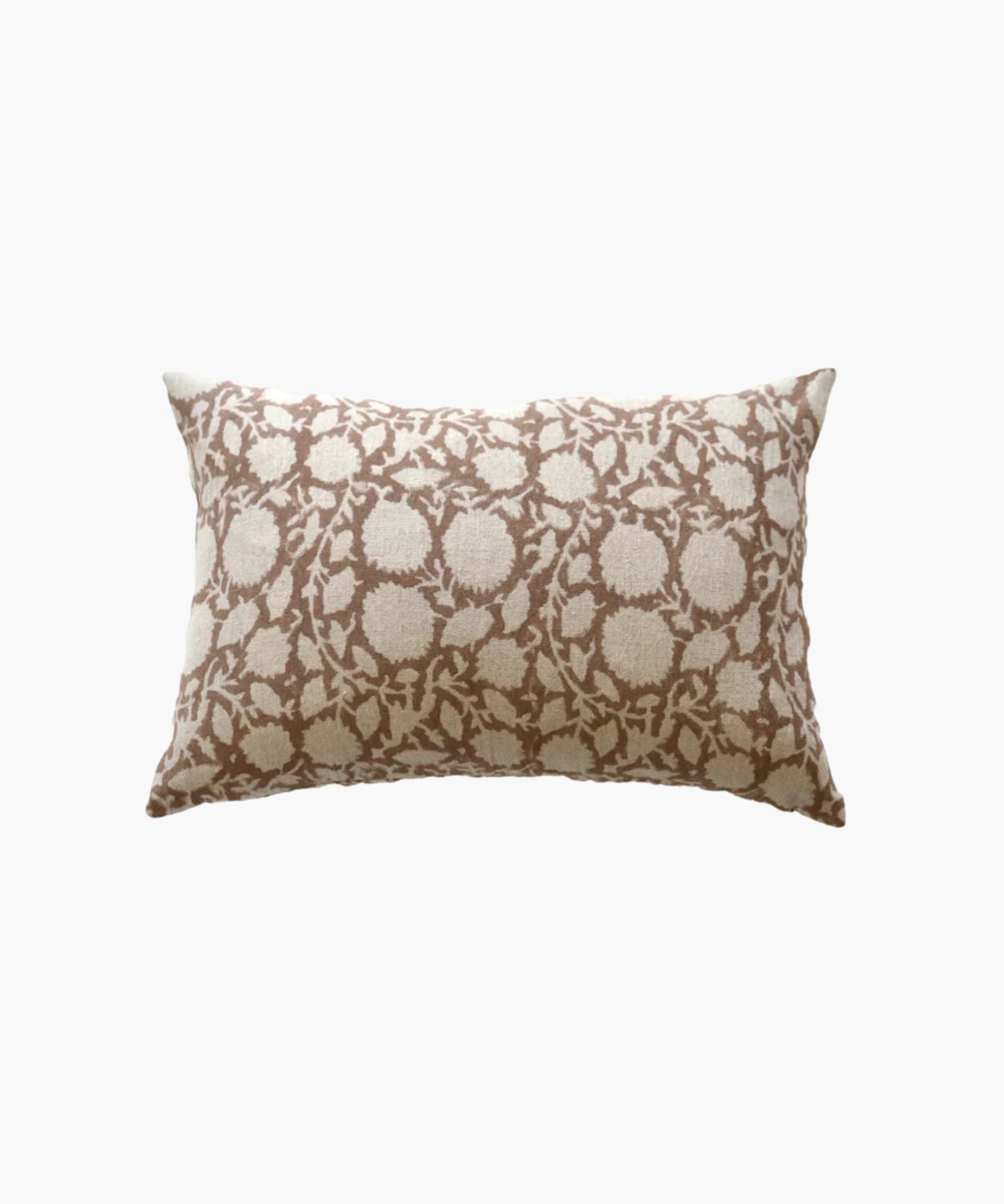 A rectangular lumbar pillow cover with a beige and brown floral pattern, featuring delicate vines and round blossoms. The fabric texture adds a cozy, elegant feel.