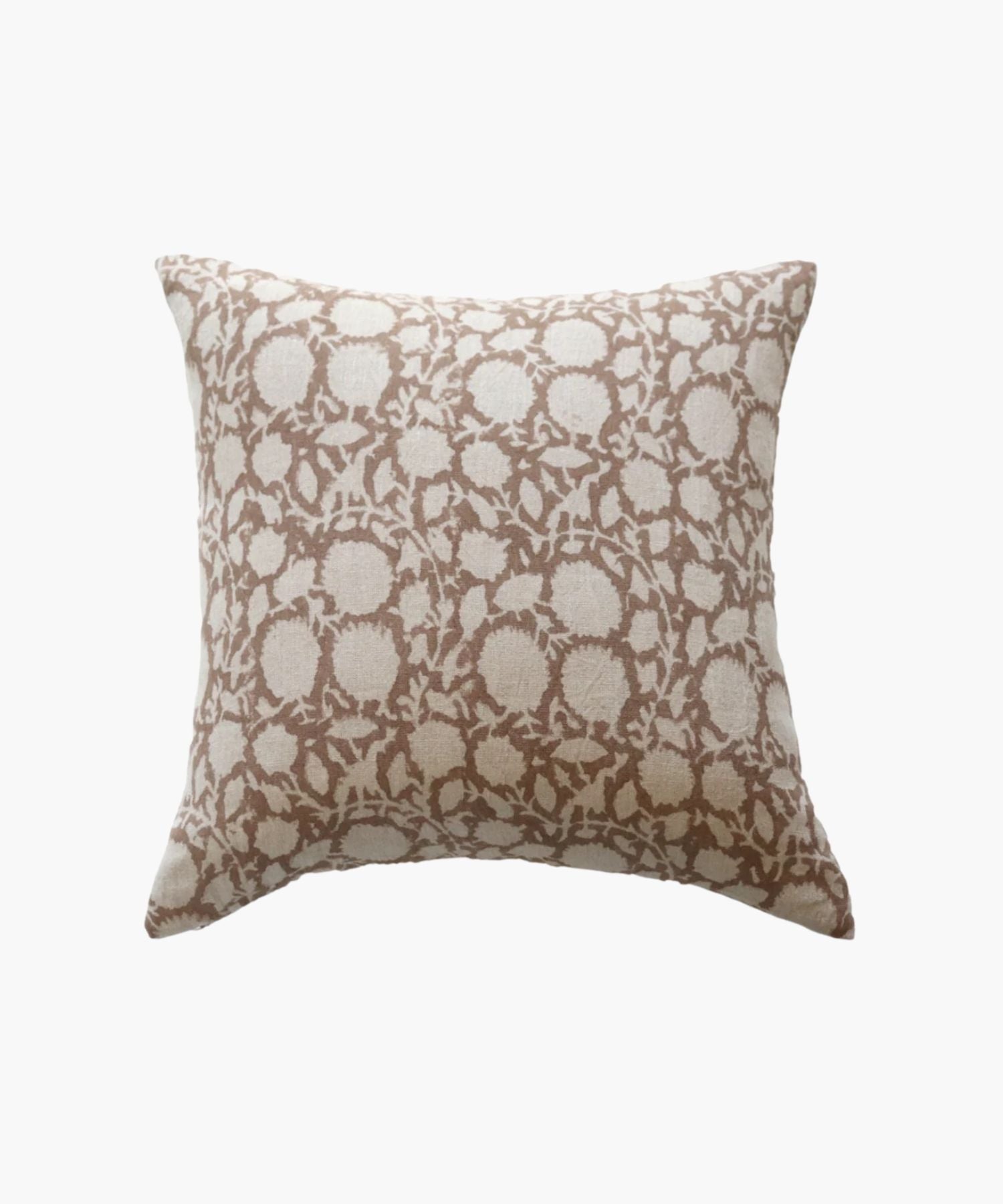 A square pillow cover with a beige and brown floral pattern, featuring delicate vines and round blossoms. The fabric texture adds a cozy, elegant feel.
