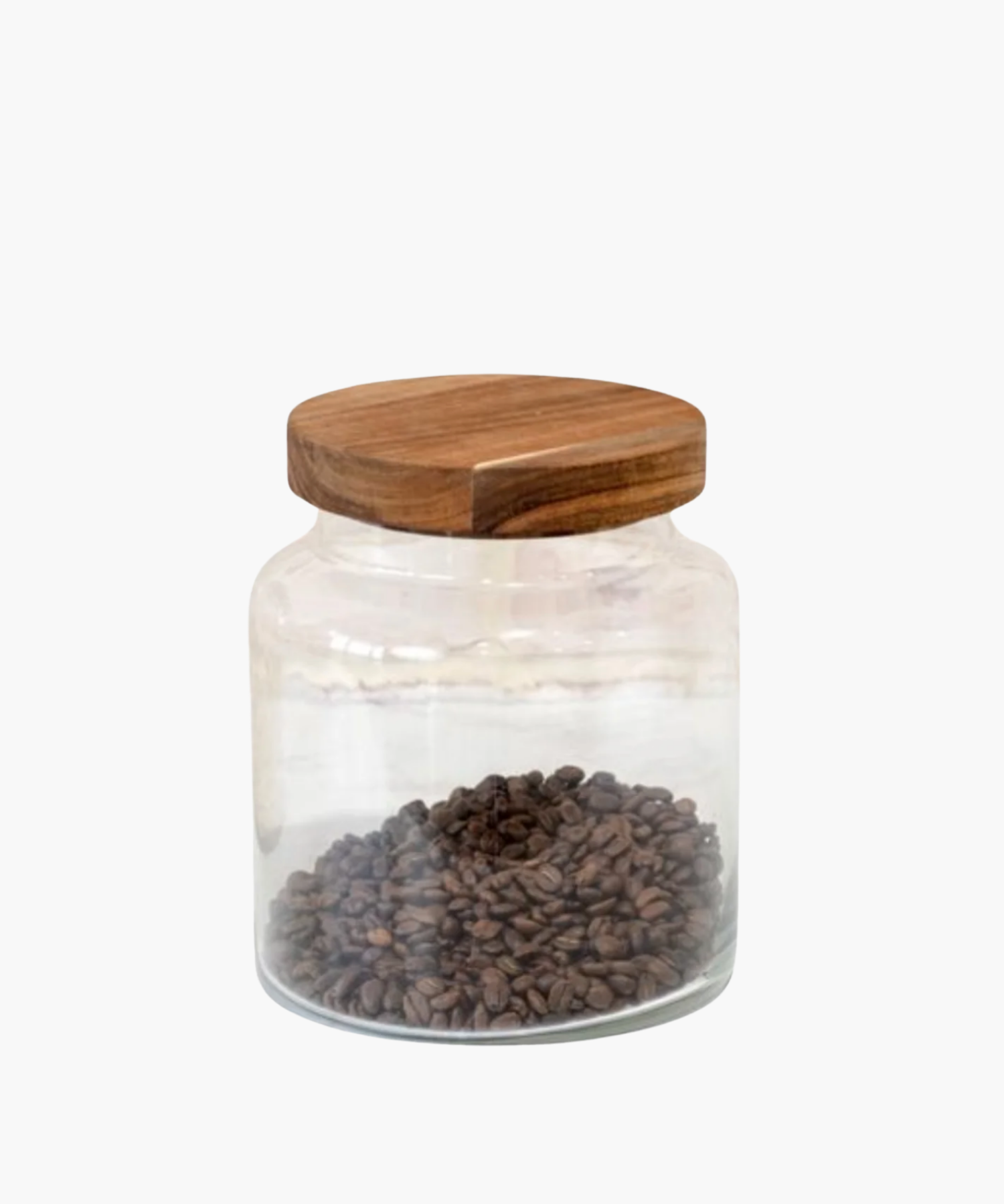 A clear glass jar with a wooden lid, half-filled with dark brown coffee beans. The clean, minimalist design conveys a rustic, cozy feel.