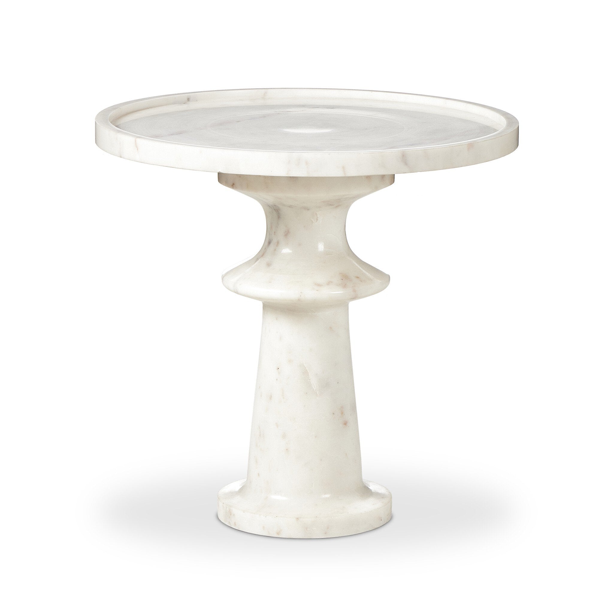 White marble end table with sculpted base and tray like top on a white background.