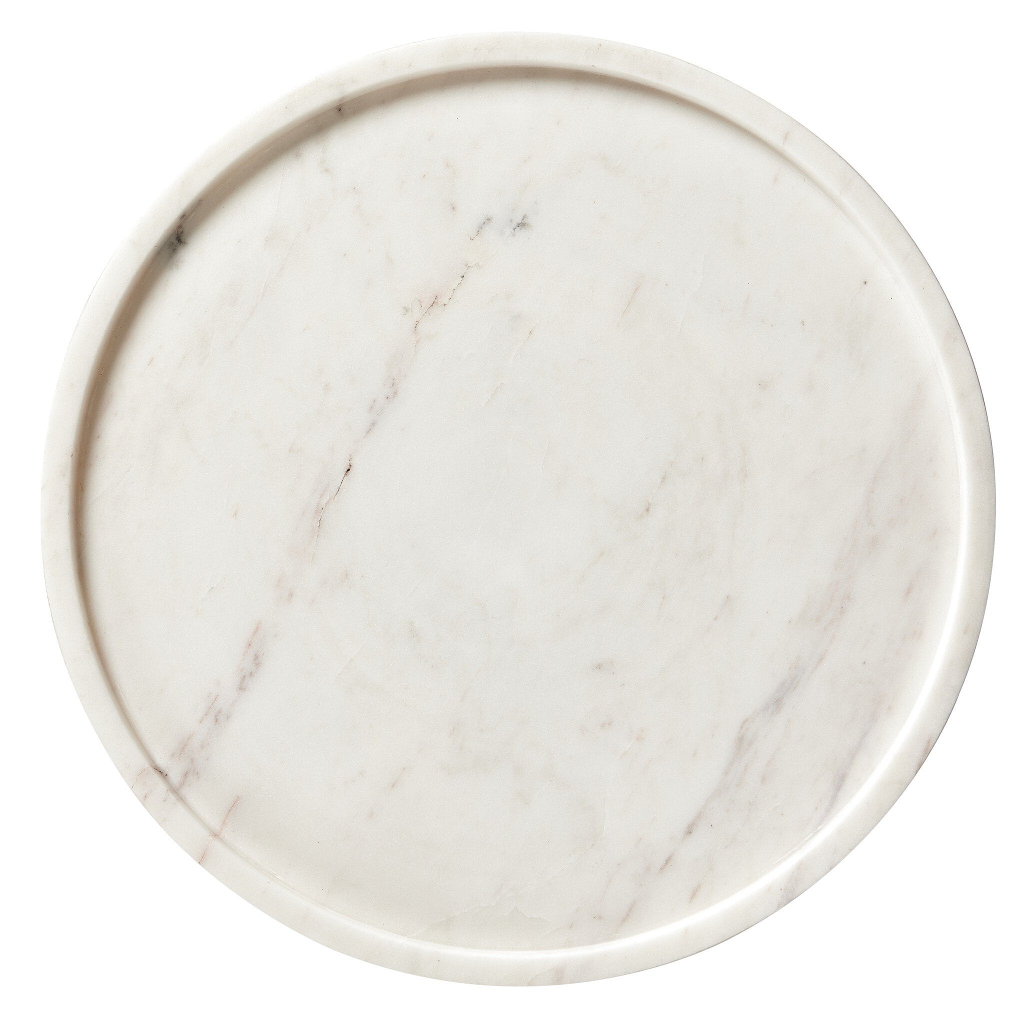 Overhead view of the white marble end table tray like top on a white background.