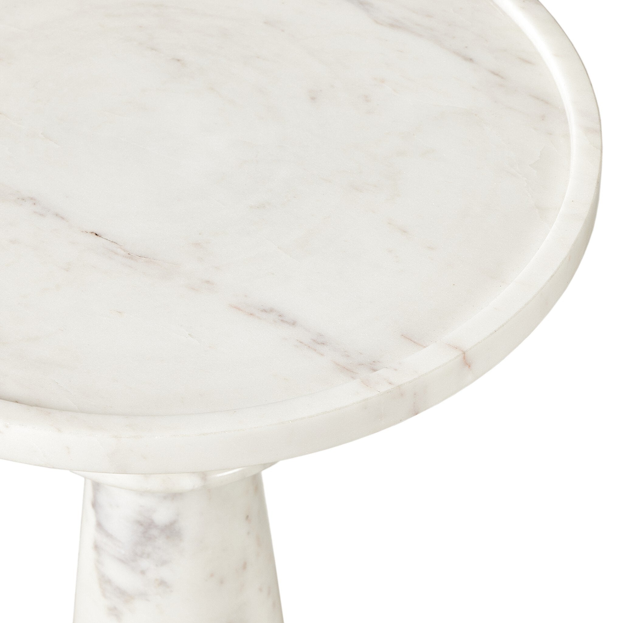 White marble end table with sculpted base and tray like top on a white background.
