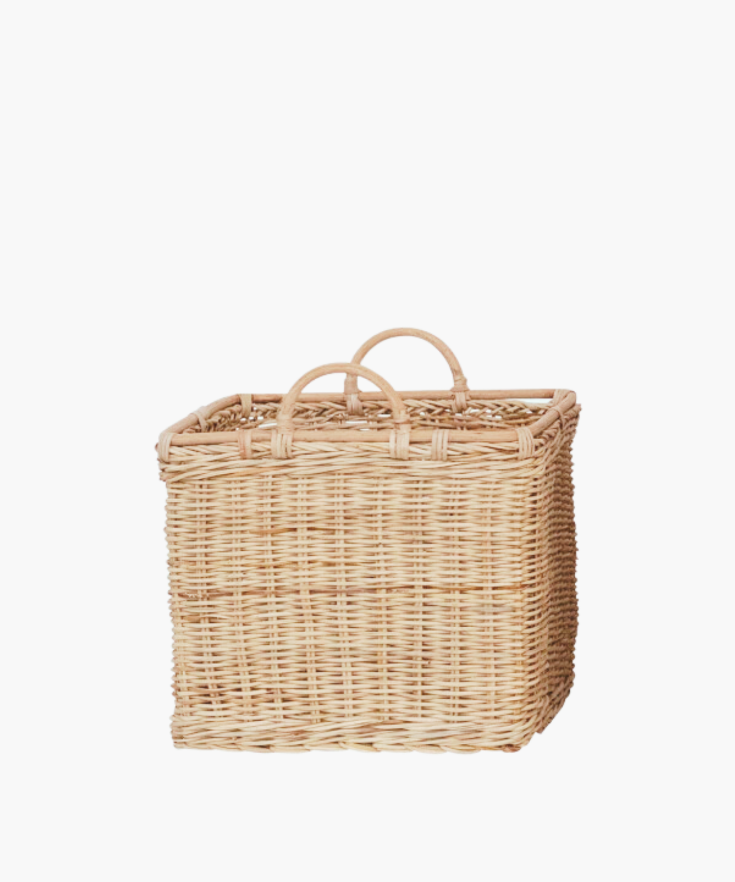 A small, square rattan basket with two rounded handles in a natural finish. The light brown weaving creates an earthy, natural look suitable for storage or decor.