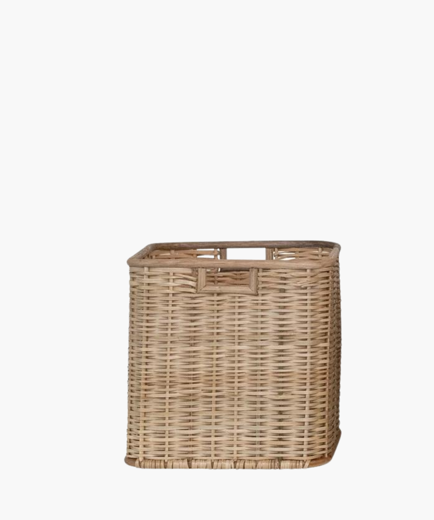 Small square rattan and palm basket with a natural finish, featuring a tight weave and sturdy rectangular shape. Simple and functional, evokes a rustic charm.