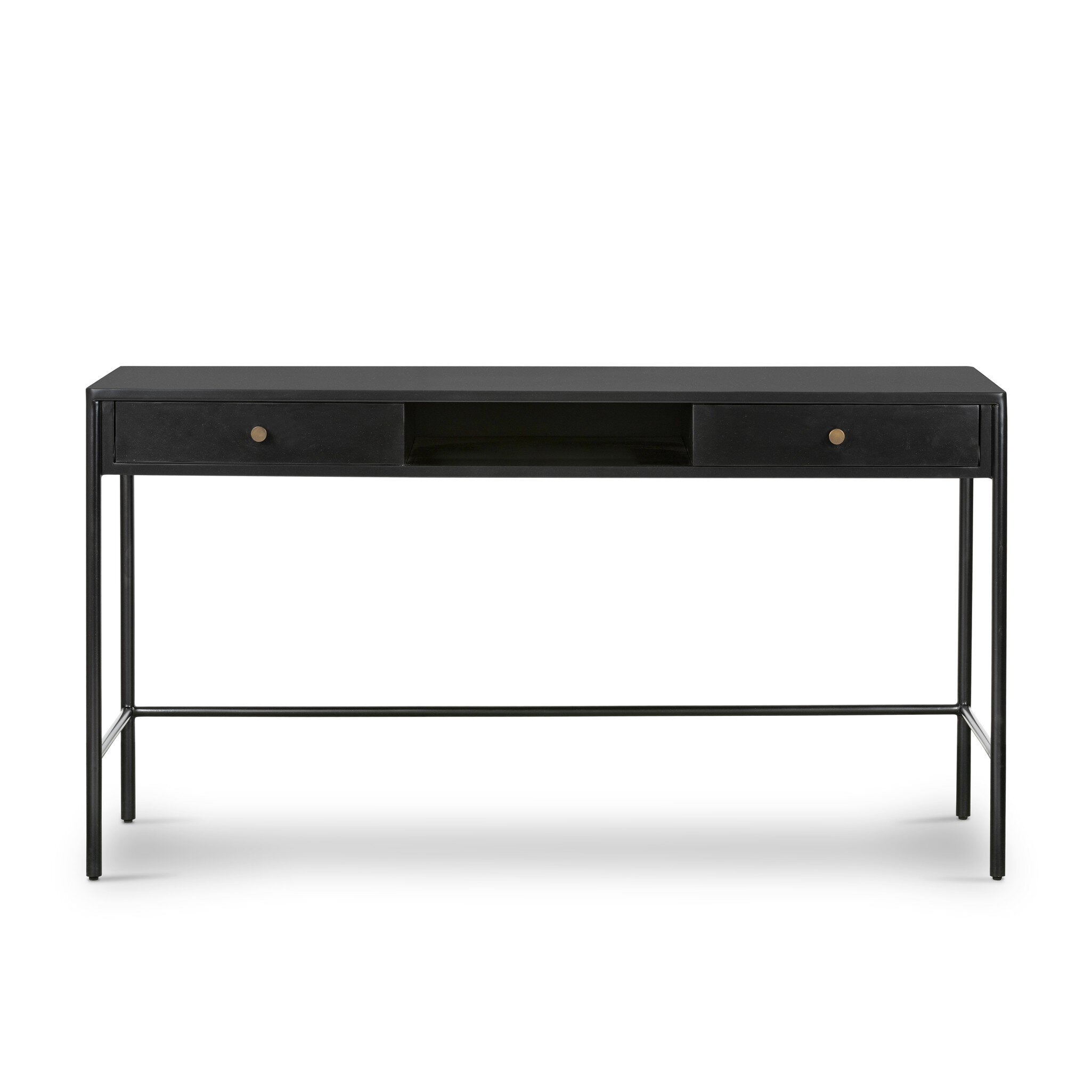 Black desk with two drawers on a white background.