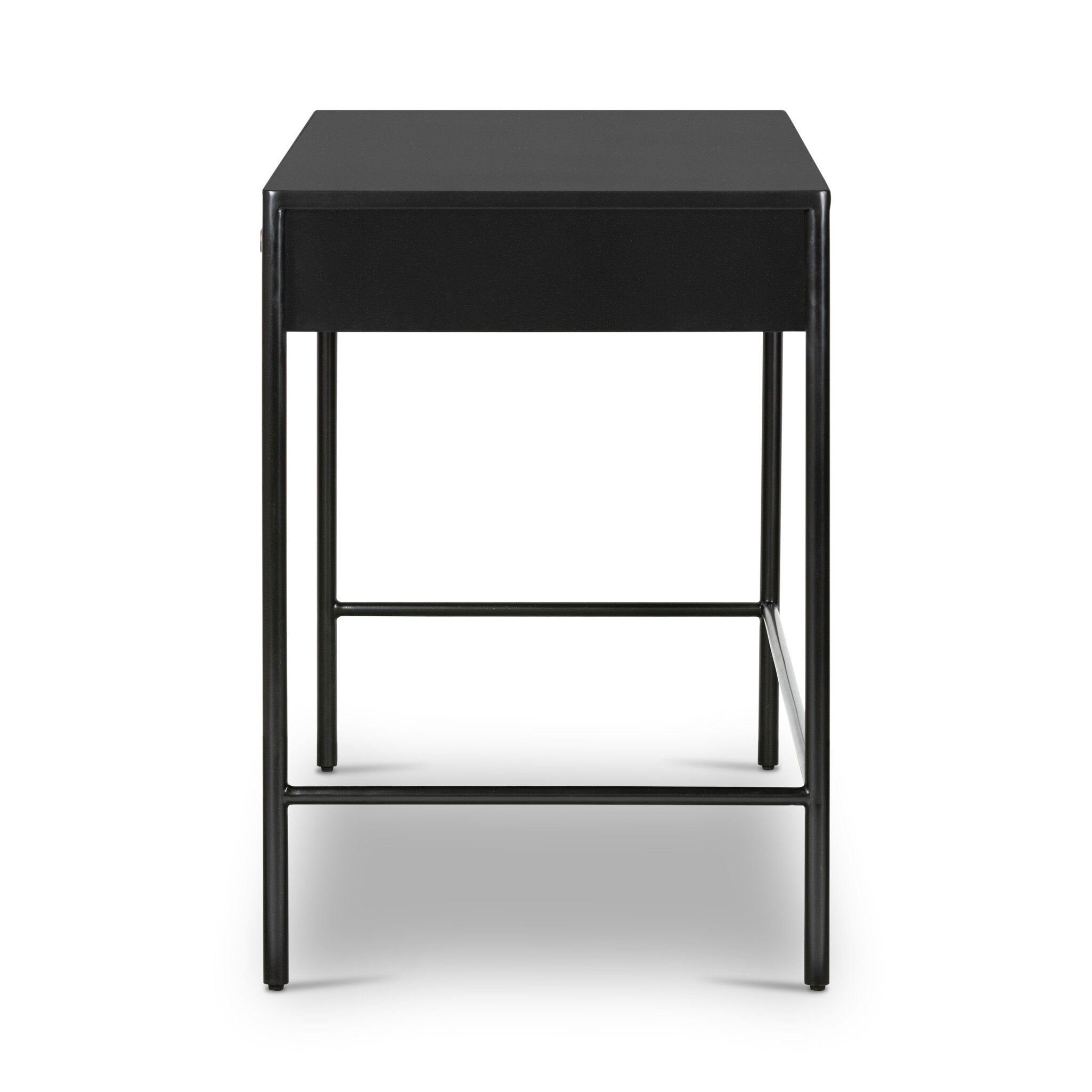 Side profile of a black desk with two drawers on a white background.