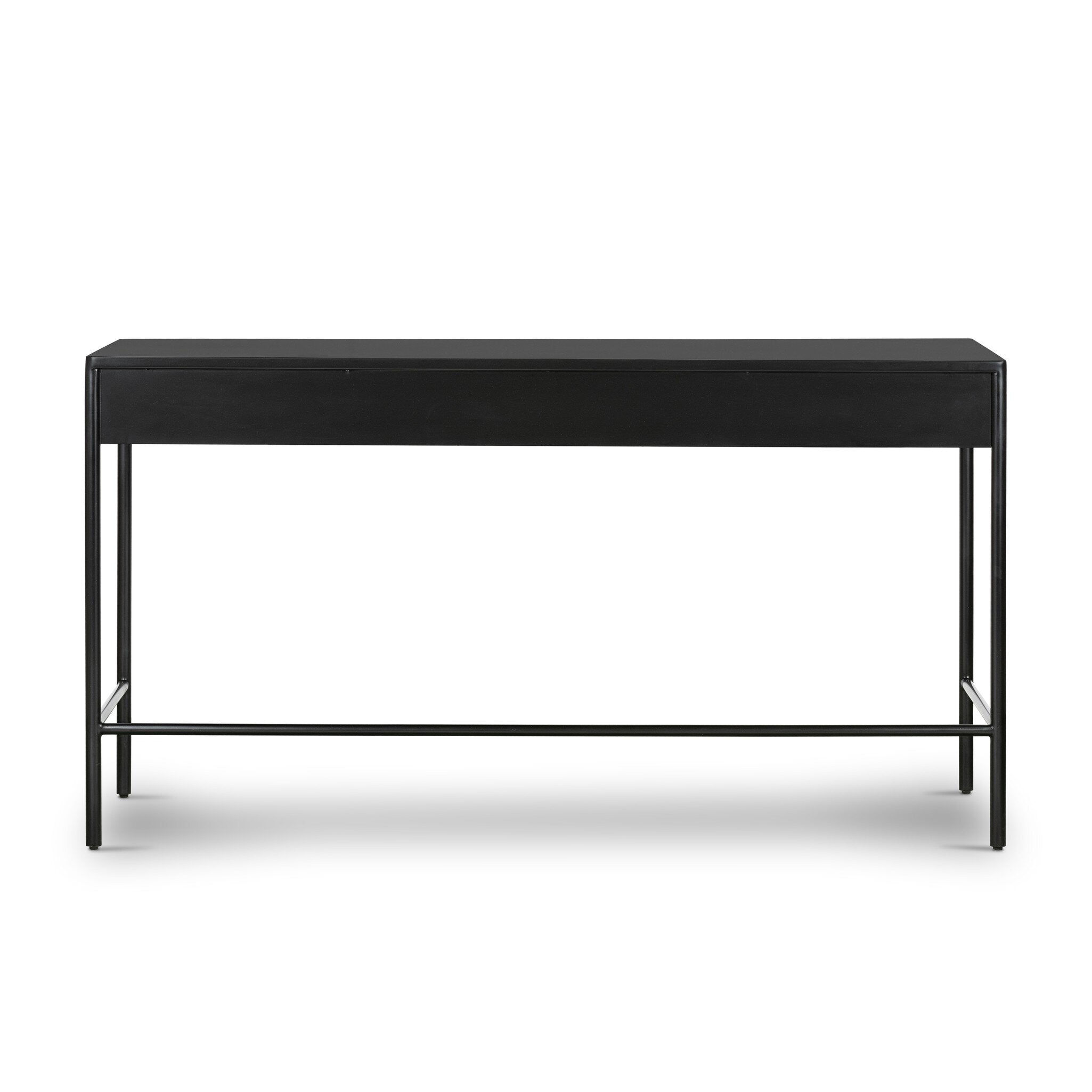 The back of a black desk with two drawers on a white background.