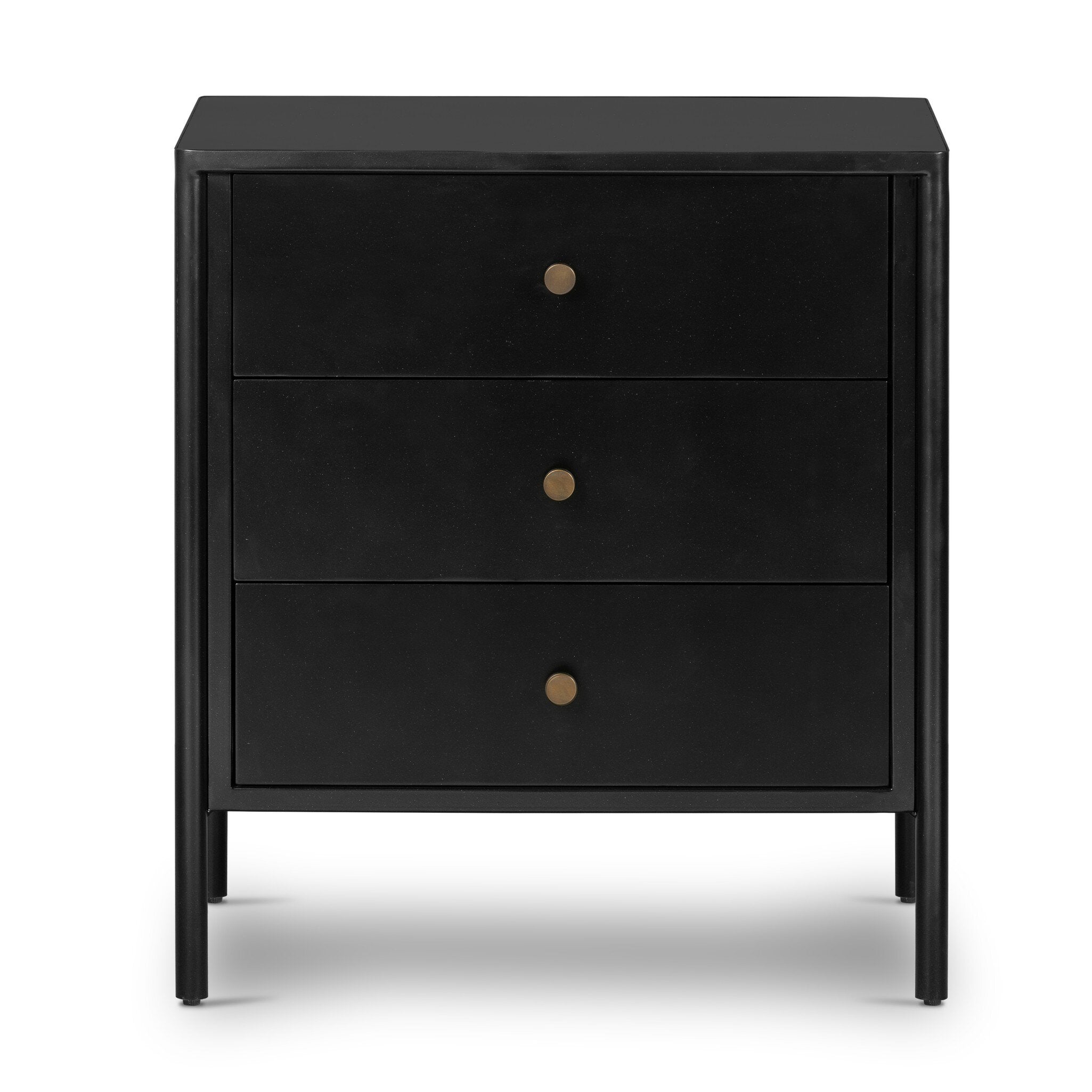Black dresser with three drawers on a white background.