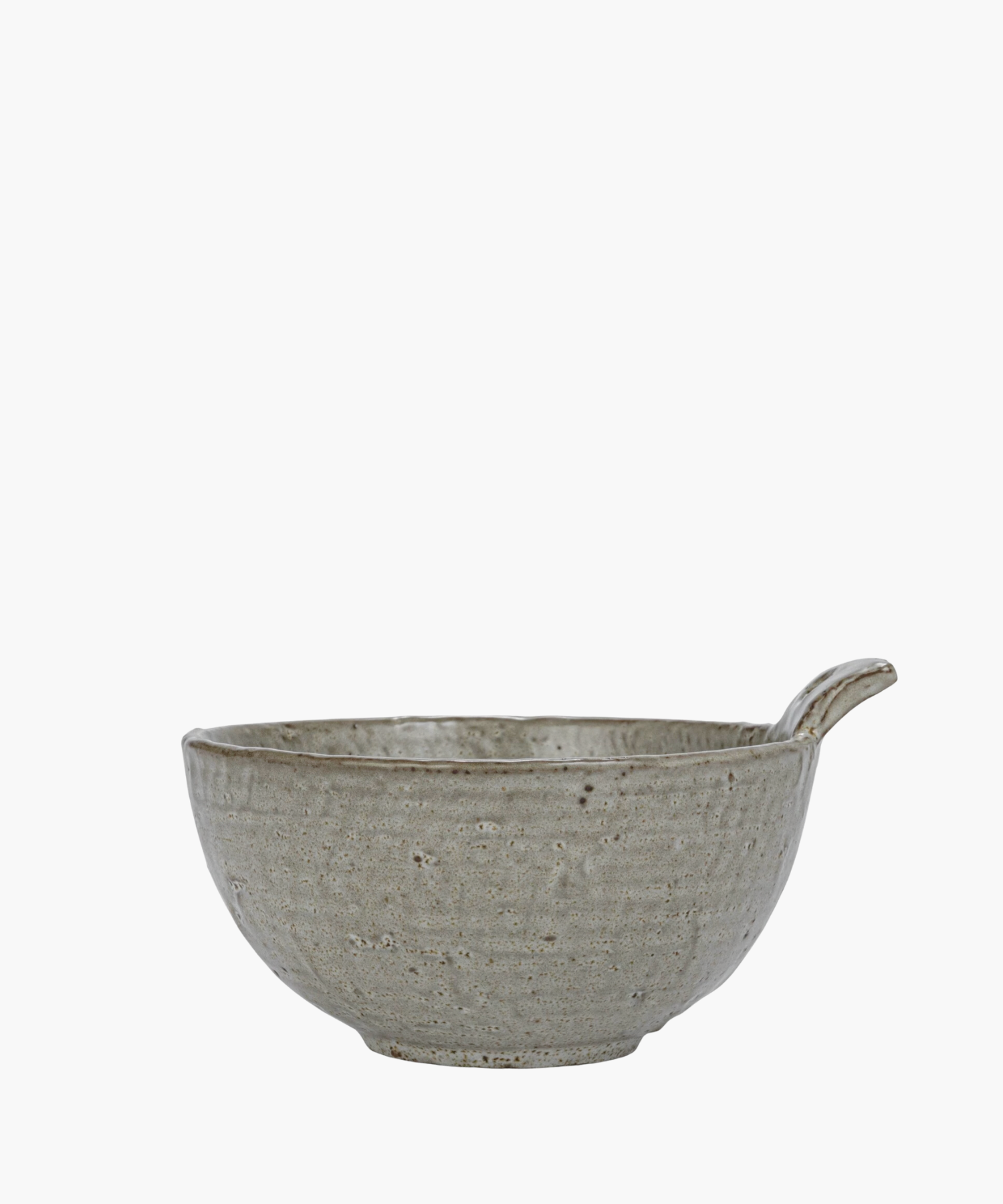 Rustic gray ceramic bowl with a textured surface and a unique spout handle. The design is minimalist, conveying a sense of simplicity and elegance.
