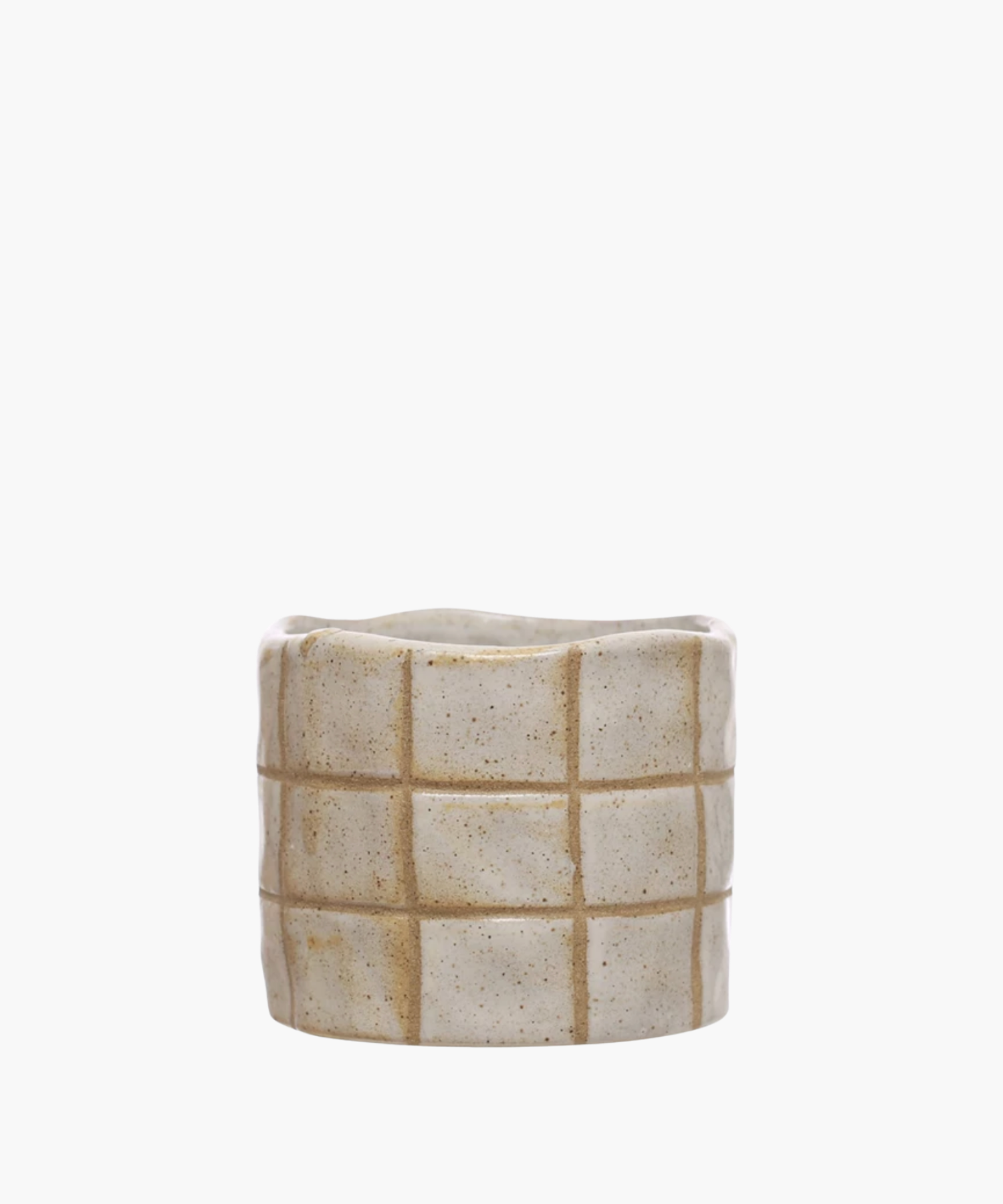 A round beige stoneware planter with a grid pattern.